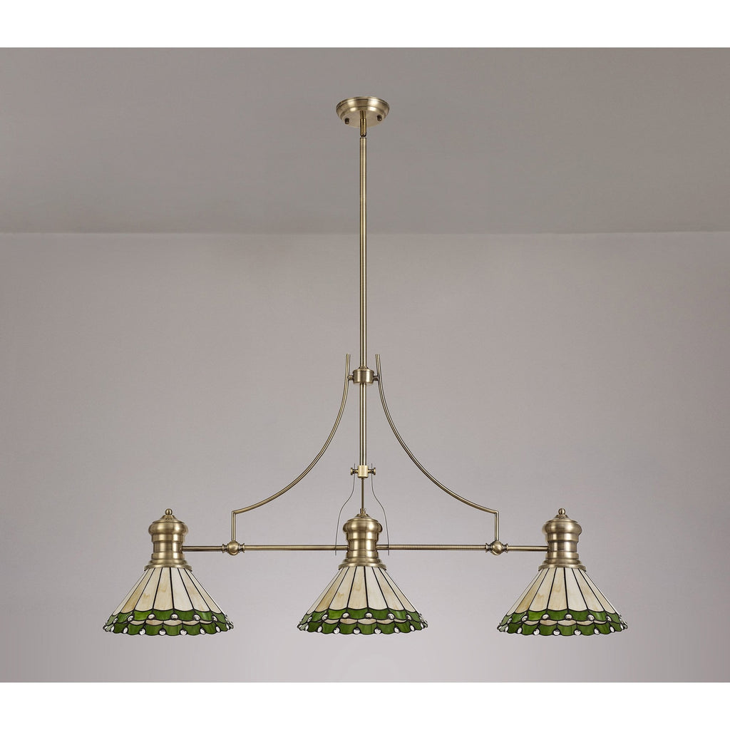 NLK04709 Louis/Umbrian 3 Light Telescopic Pendant With 30cm Tiffany Shade Antique Brass/Green/CRome/Crystal