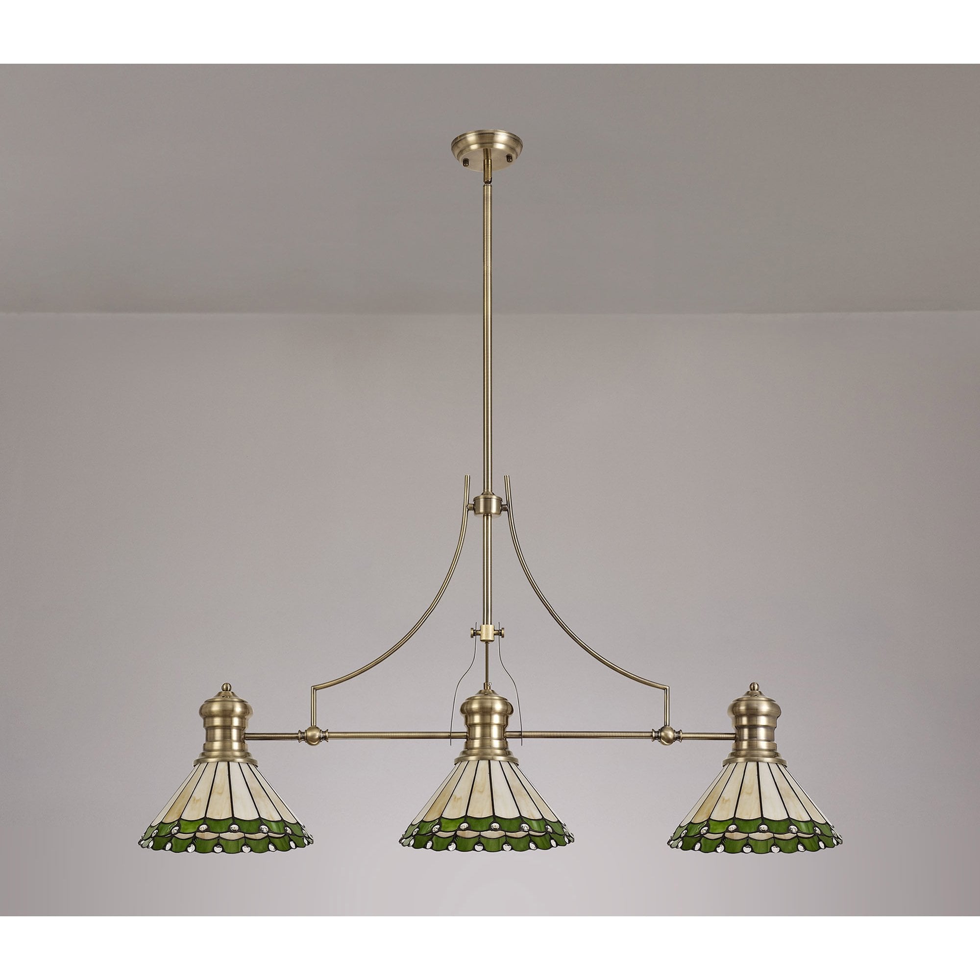 NLK04709 Louis/Umbrian 3 Light Telescopic Pendant With 30cm Tiffany Shade Antique Brass/Green/CRome/Crystal