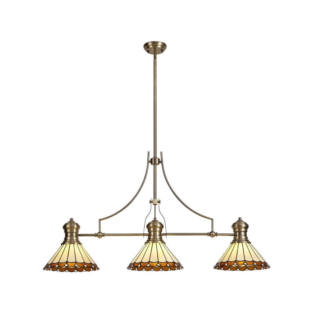 NLK04719 Louis/Umbrian 3 Light Telescopic Pendant With 30cm Tiffany Shade Antique Brass/Amber/CRome/Crystal