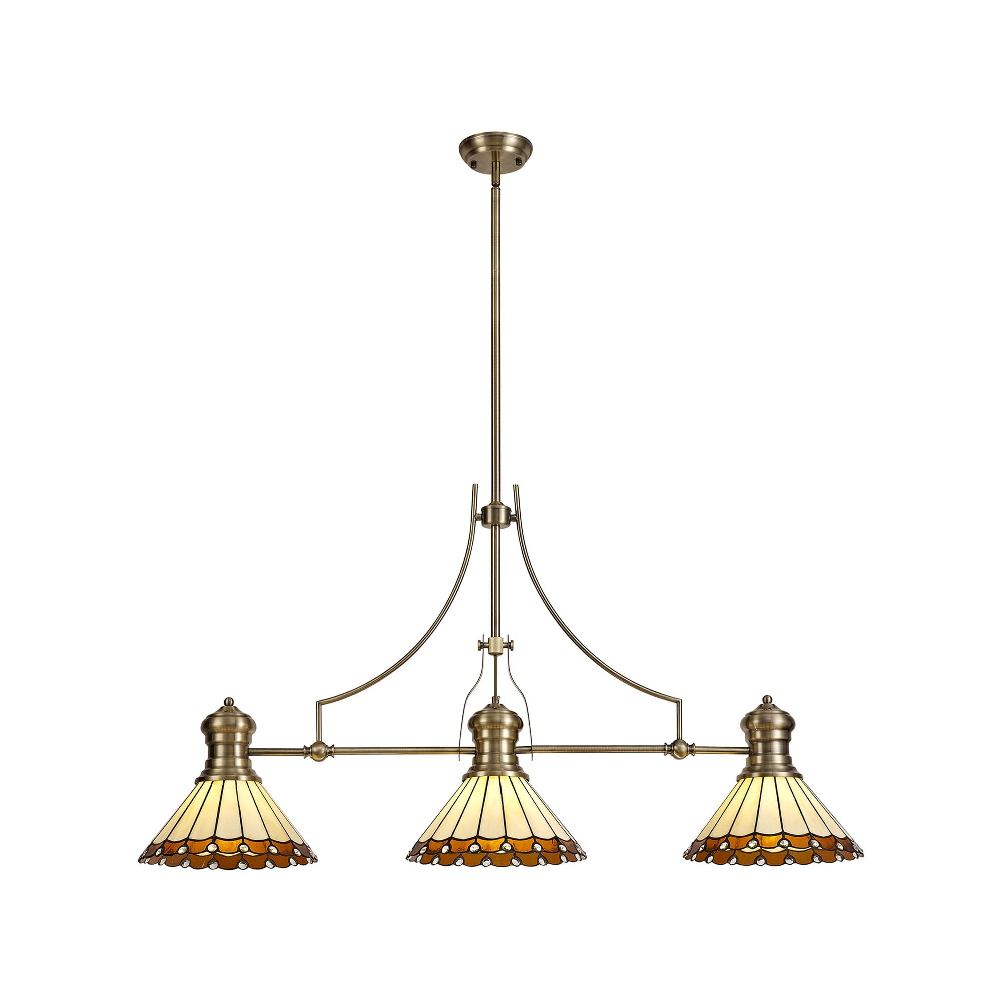 NLK04719 Louis/Umbrian 3 Light Telescopic Pendant With 30cm Tiffany Shade Antique Brass/Amber/CRome/Crystal