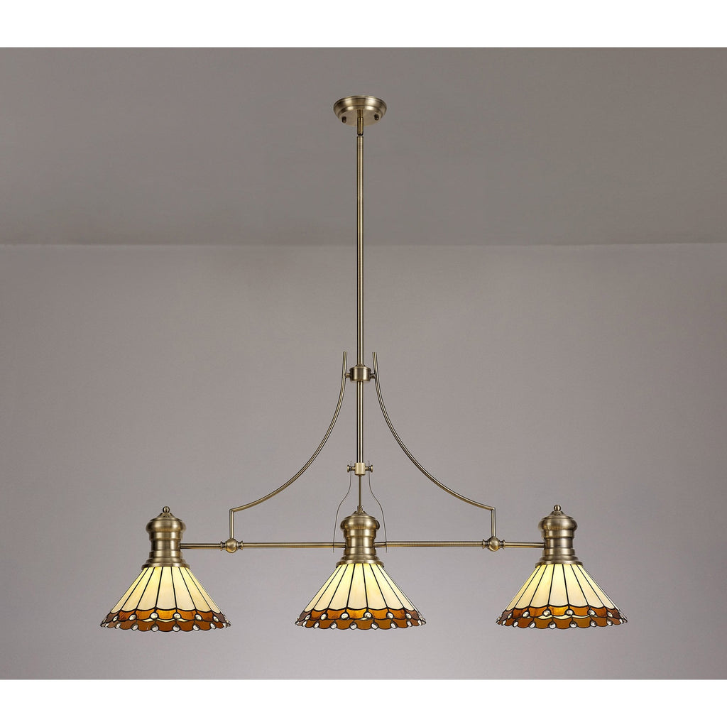 NLK04719 Louis/Umbrian 3 Light Telescopic Pendant With 30cm Tiffany Shade Antique Brass/Amber/CRome/Crystal