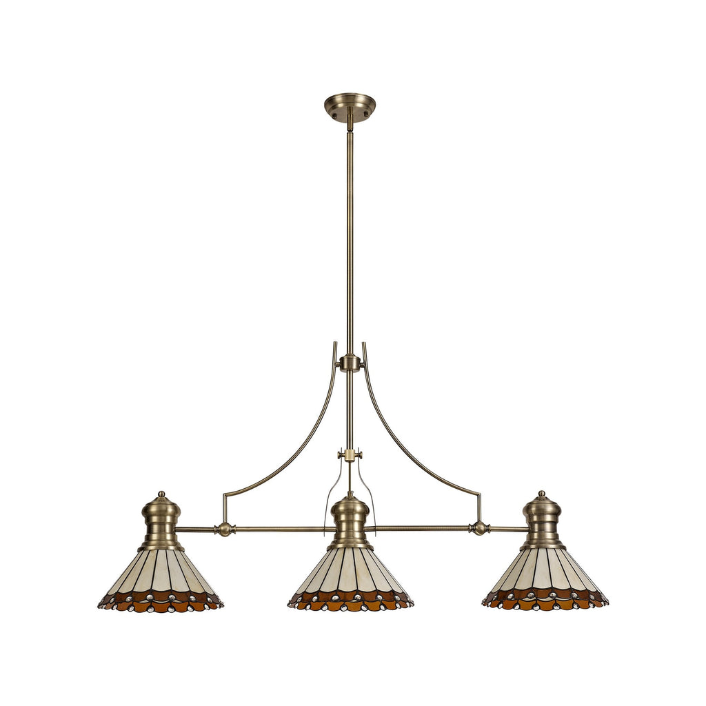 NLK04719 Louis/Umbrian 3 Light Telescopic Pendant With 30cm Tiffany Shade Antique Brass/Amber/CRome/Crystal