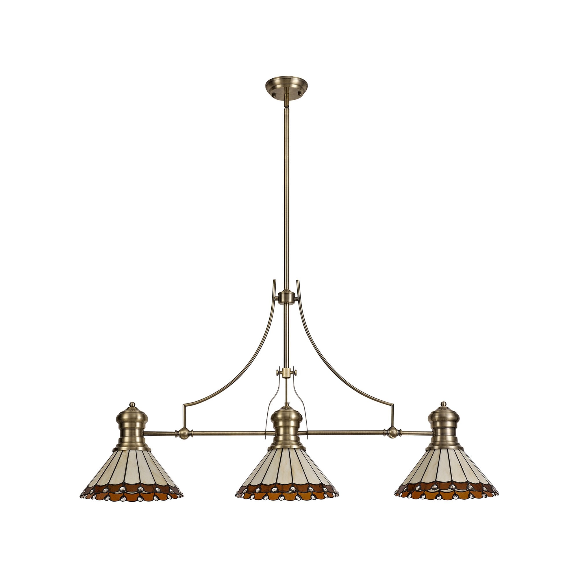 NLK04719 Louis/Umbrian 3 Light Telescopic Pendant With 30cm Tiffany Shade Antique Brass/Amber/CRome/Crystal