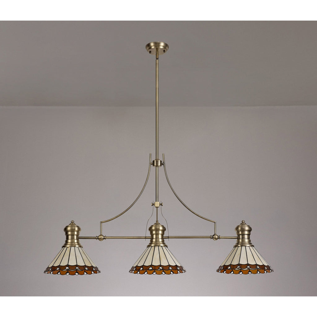 NLK04719 Louis/Umbrian 3 Light Telescopic Pendant With 30cm Tiffany Shade Antique Brass/Amber/CRome/Crystal