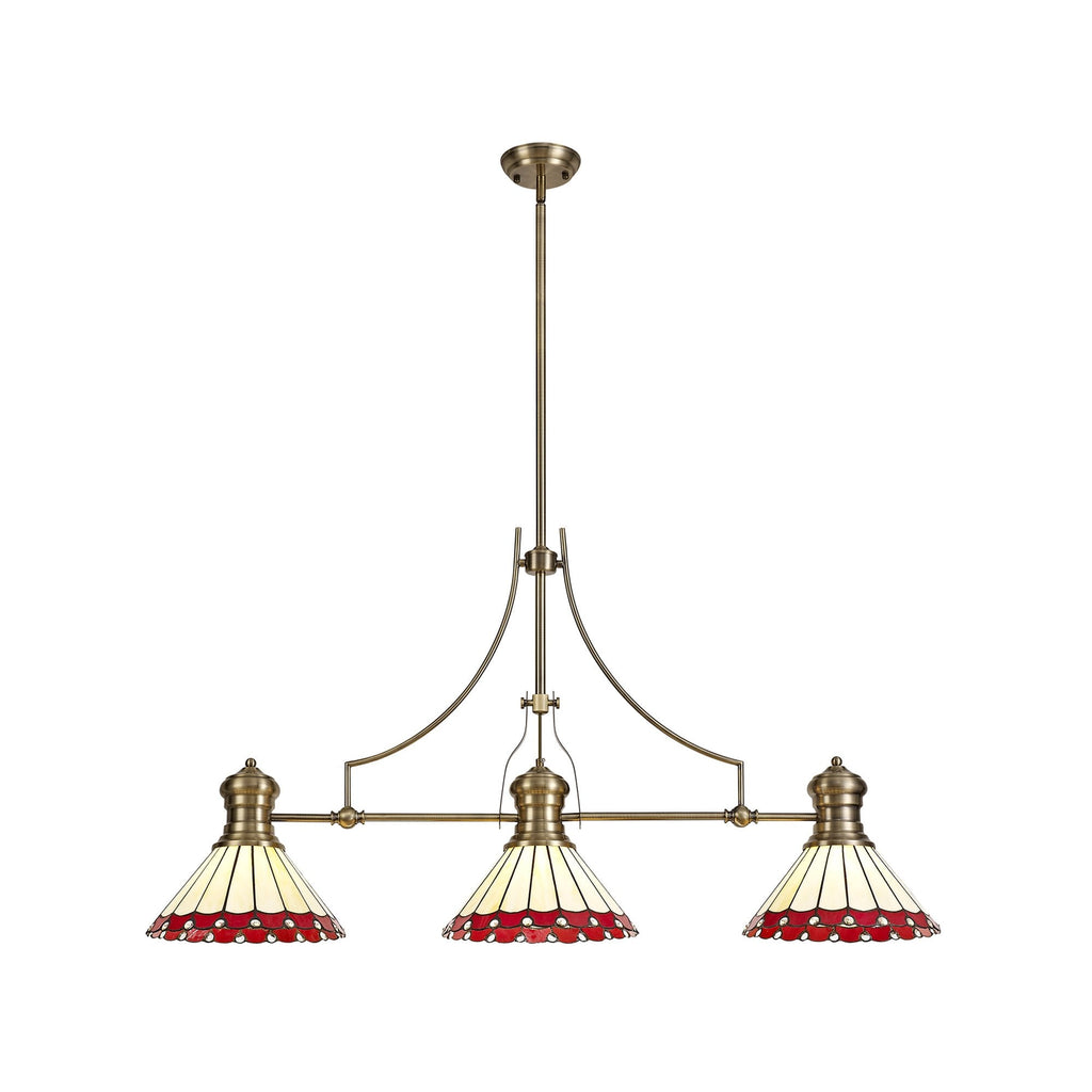 NLK04729 Louis/Umbrian 3 Light Telescopic Pendant With 30cm Tiffany Shade Antique Brass/Red/CRome/Crystal