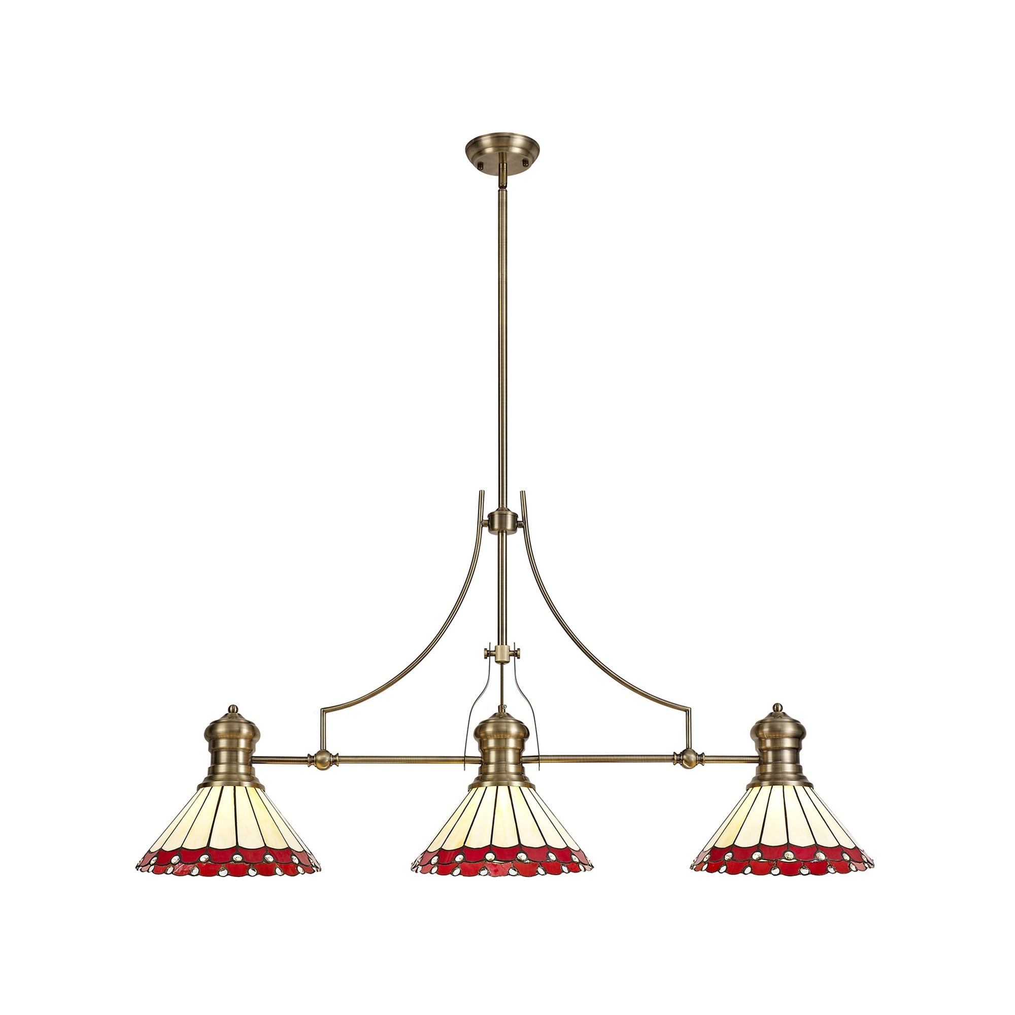 NLK04729 Louis/Umbrian 3 Light Telescopic Pendant With 30cm Tiffany Shade Antique Brass/Red/CRome/Crystal