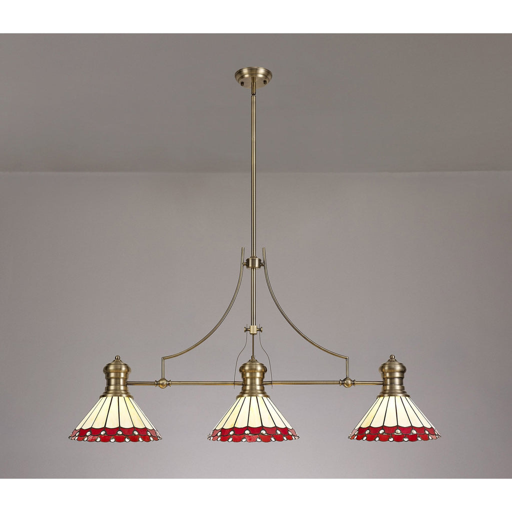 NLK04729 Louis/Umbrian 3 Light Telescopic Pendant With 30cm Tiffany Shade Antique Brass/Red/CRome/Crystal