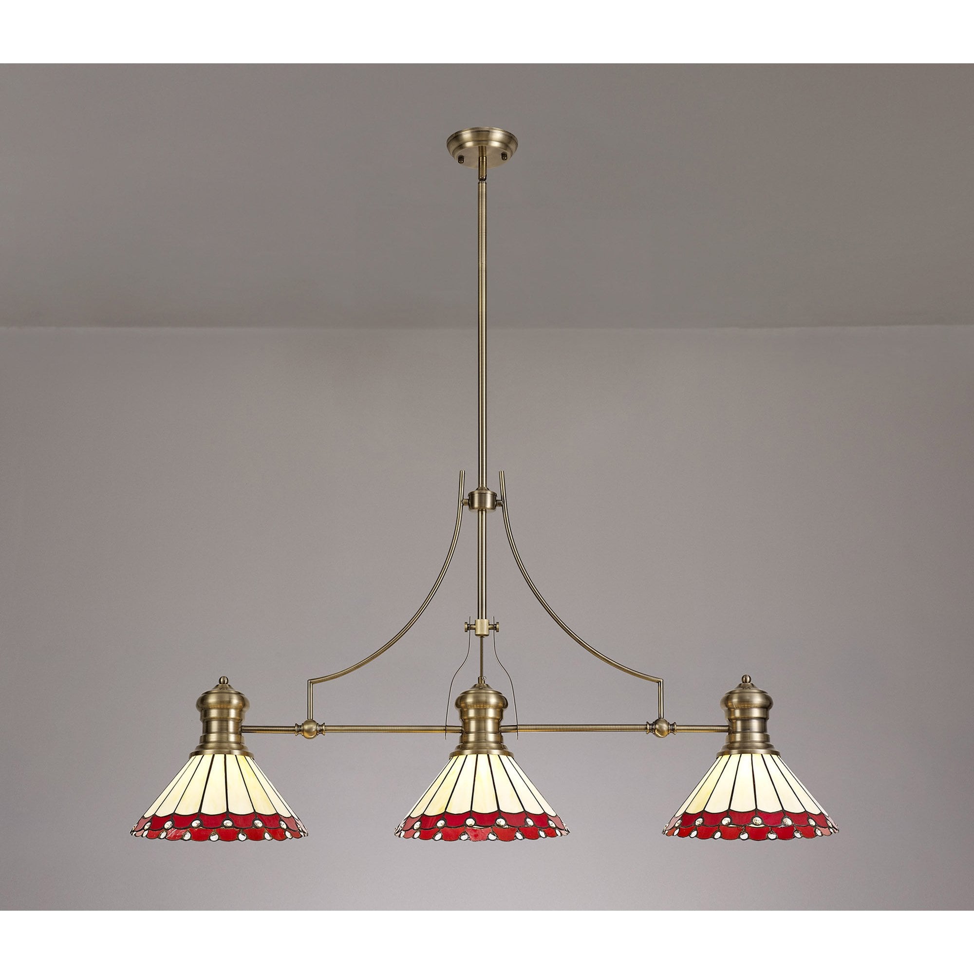 NLK04729 Louis/Umbrian 3 Light Telescopic Pendant With 30cm Tiffany Shade Antique Brass/Red/CRome/Crystal