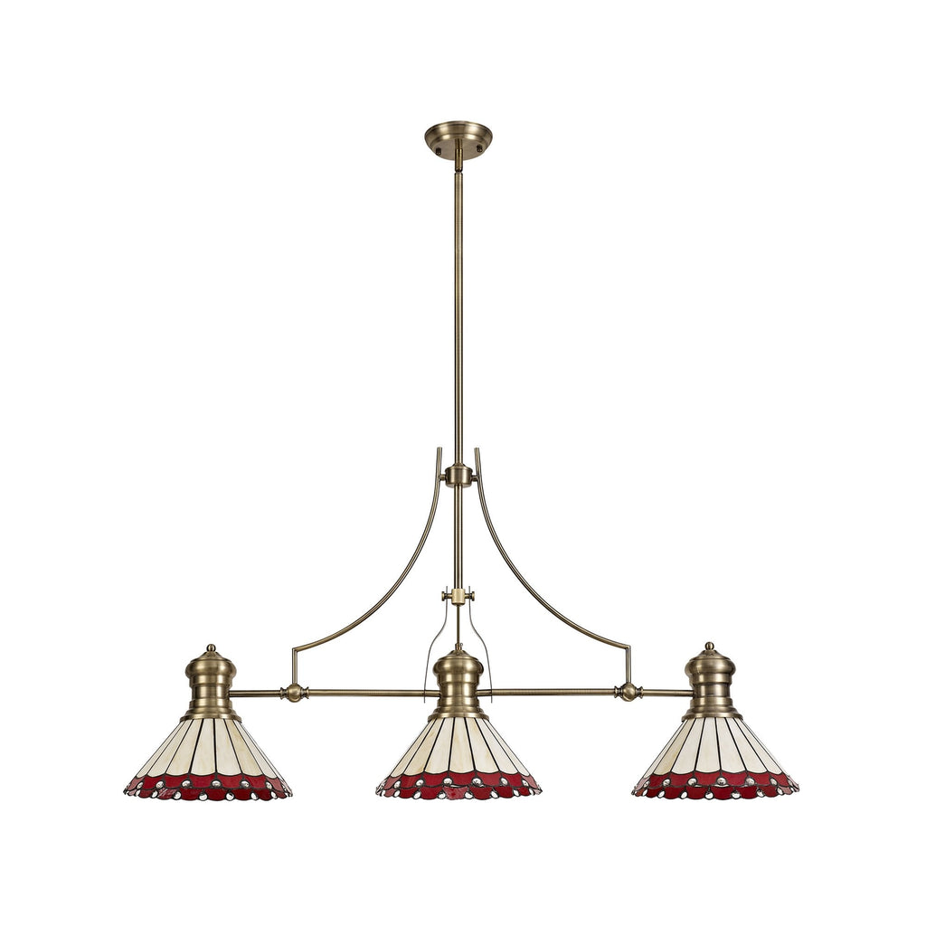 NLK04729 Louis/Umbrian 3 Light Telescopic Pendant With 30cm Tiffany Shade Antique Brass/Red/CRome/Crystal