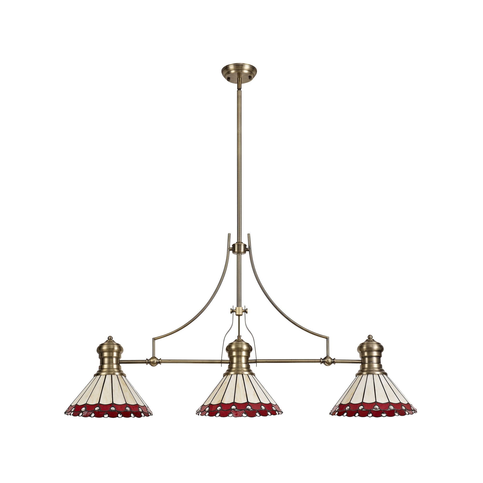 NLK04729 Louis/Umbrian 3 Light Telescopic Pendant With 30cm Tiffany Shade Antique Brass/Red/CRome/Crystal