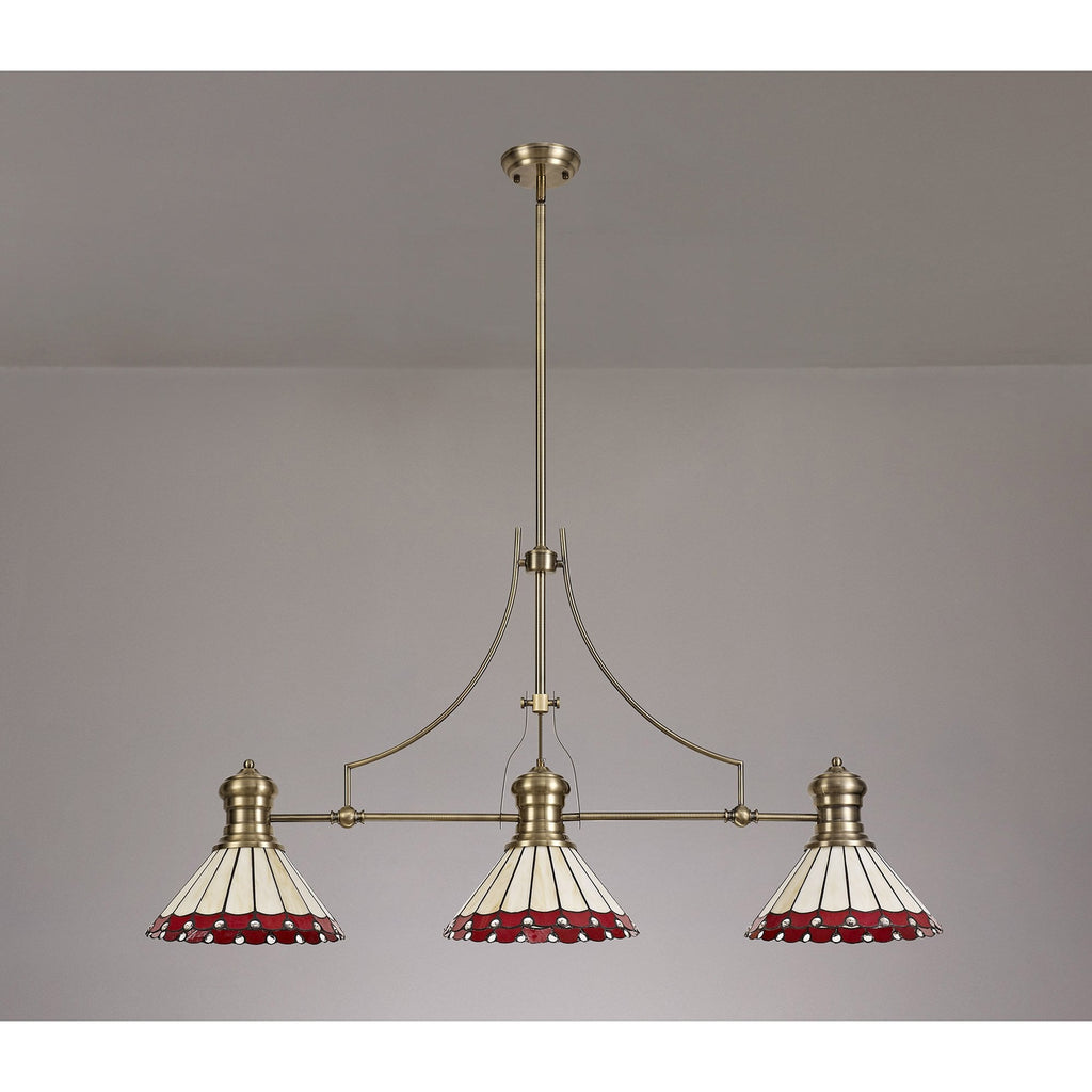 NLK04729 Louis/Umbrian 3 Light Telescopic Pendant With 30cm Tiffany Shade Antique Brass/Red/CRome/Crystal