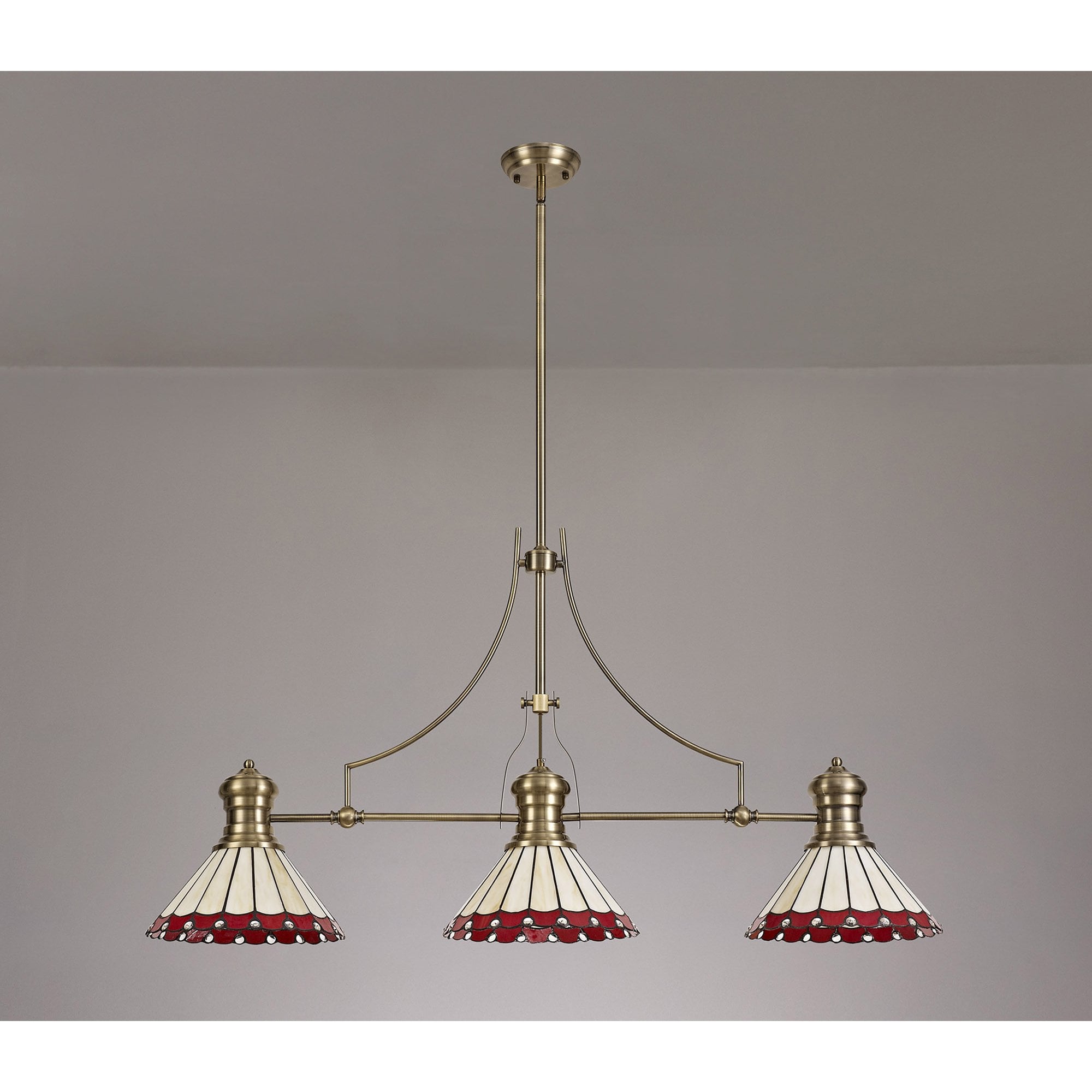 NLK04729 Louis/Umbrian 3 Light Telescopic Pendant With 30cm Tiffany Shade Antique Brass/Red/CRome/Crystal