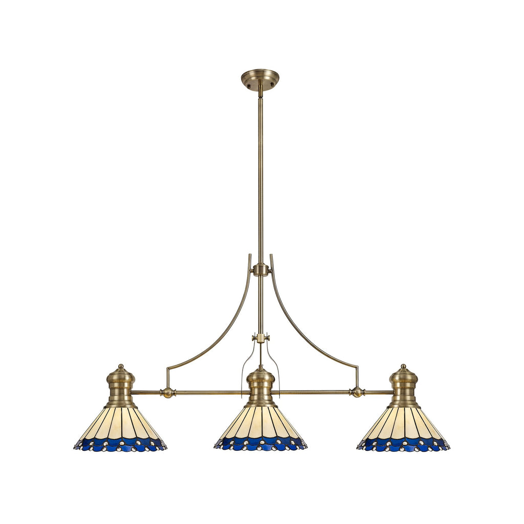 NLK04739 Louis/Umbrian 3 Light Telescopic Pendant With 30cm Tiffany Shade Antique Brass/Blue/CRome/Crystal
