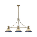 NLK04739 Louis/Umbrian 3 Light Telescopic Pendant With 30cm Tiffany Shade Antique Brass/Blue/CRome/Crystal