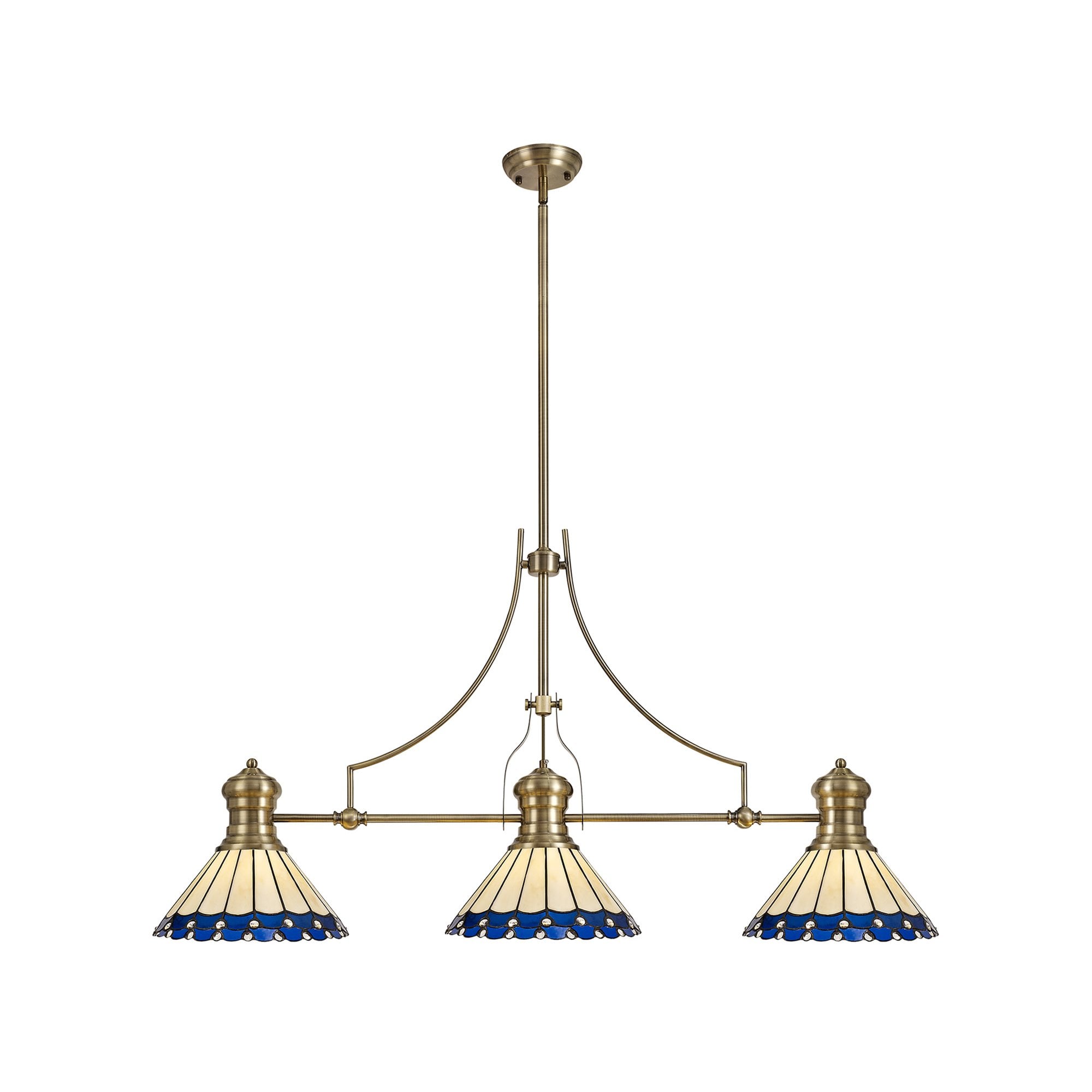 NLK04739 Louis/Umbrian 3 Light Telescopic Pendant With 30cm Tiffany Shade Antique Brass/Blue/CRome/Crystal