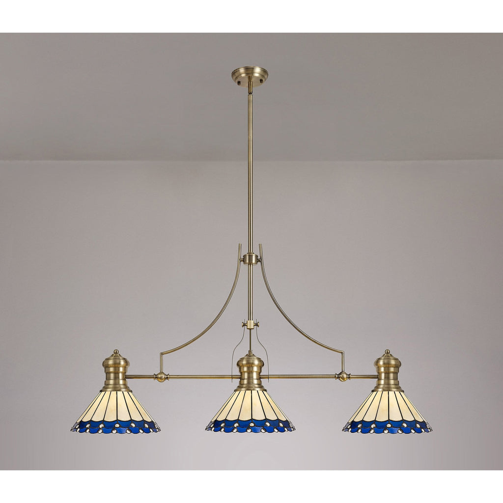 NLK04739 Louis/Umbrian 3 Light Telescopic Pendant With 30cm Tiffany Shade Antique Brass/Blue/CRome/Crystal