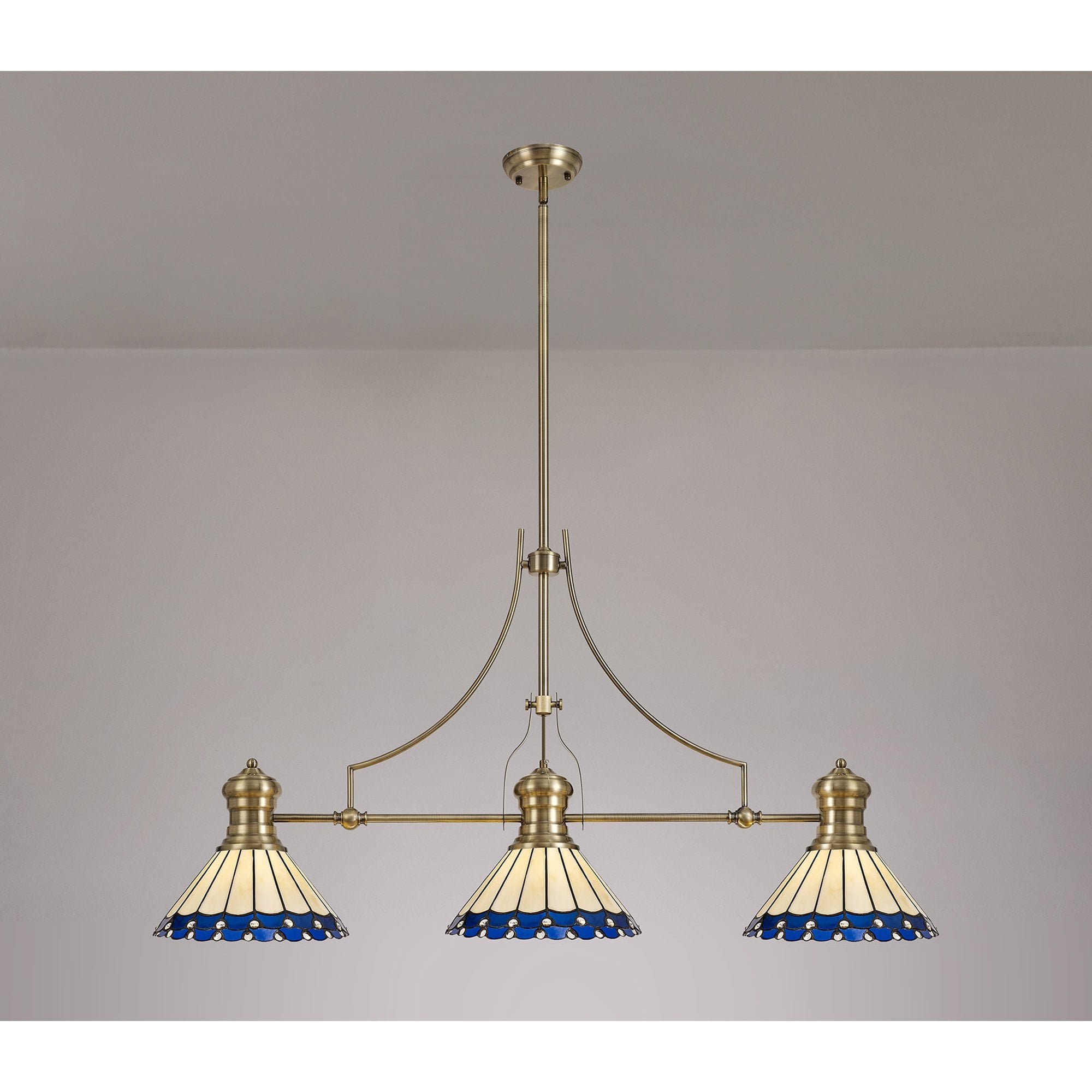 NLK04739 Louis/Umbrian 3 Light Telescopic Pendant With 30cm Tiffany Shade Antique Brass/Blue/CRome/Crystal