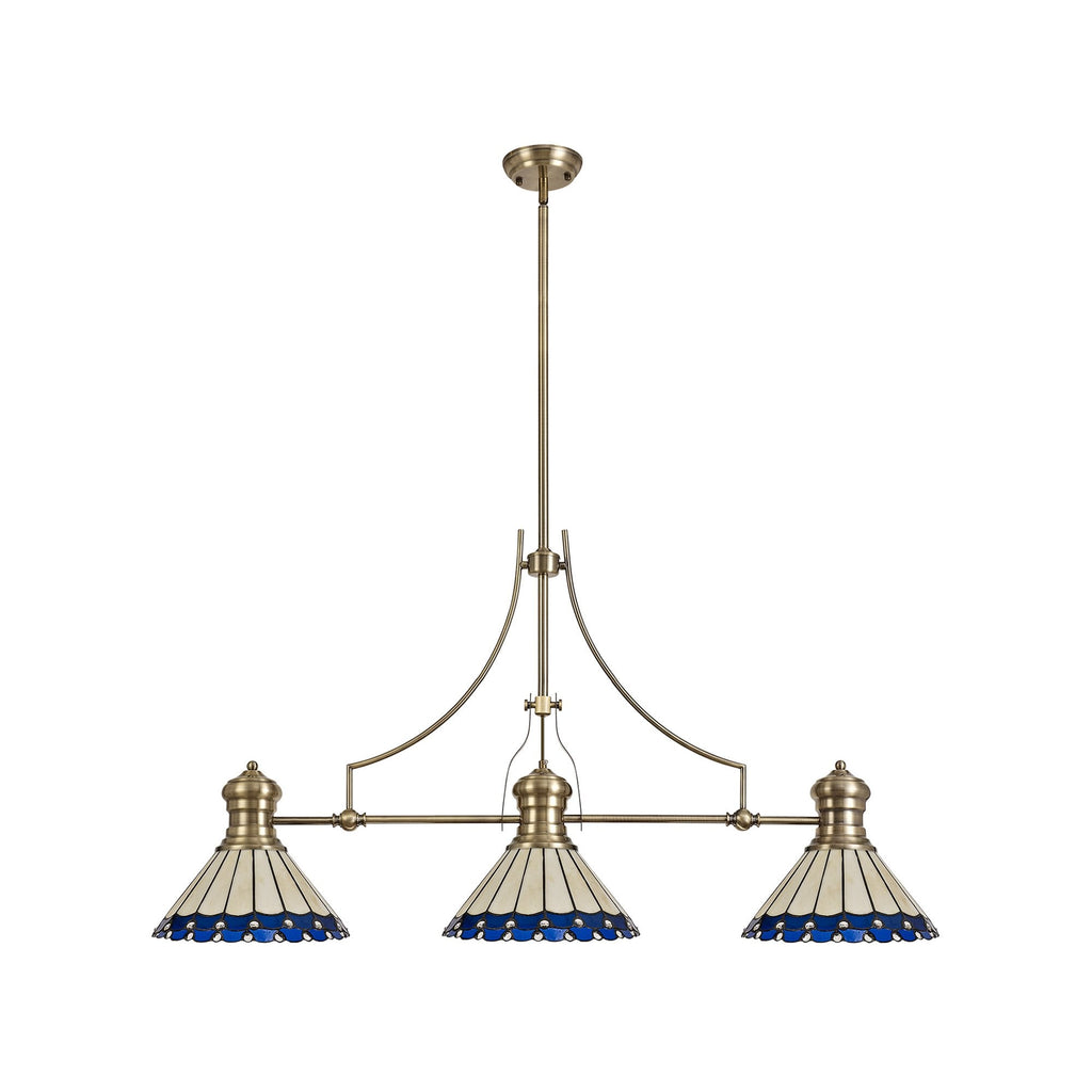 NLK04739 Louis/Umbrian 3 Light Telescopic Pendant With 30cm Tiffany Shade Antique Brass/Blue/CRome/Crystal