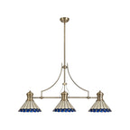 NLK04739 Louis/Umbrian 3 Light Telescopic Pendant With 30cm Tiffany Shade Antique Brass/Blue/CRome/Crystal