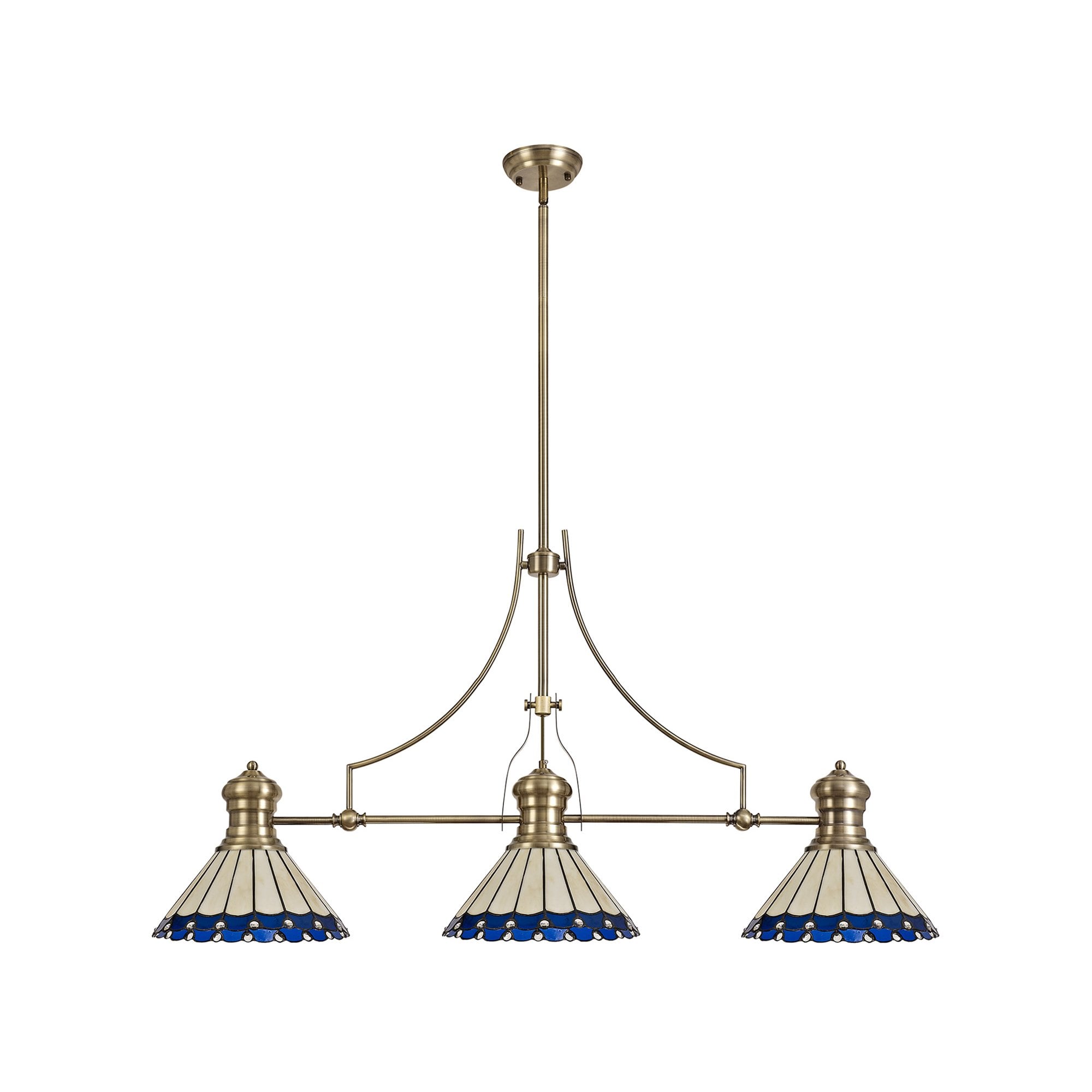 NLK04739 Louis/Umbrian 3 Light Telescopic Pendant With 30cm Tiffany Shade Antique Brass/Blue/CRome/Crystal