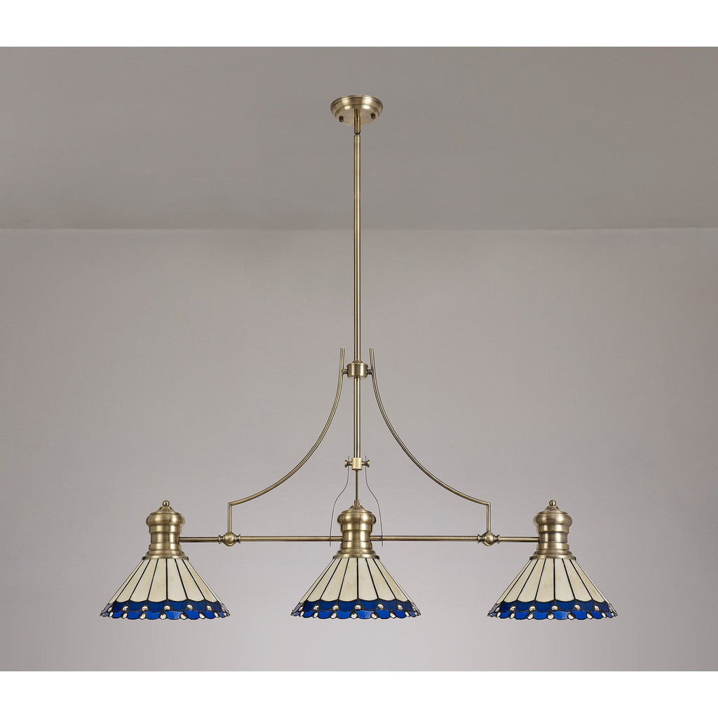 NLK04739 Louis/Umbrian 3 Light Telescopic Pendant With 30cm Tiffany Shade Antique Brass/Blue/CRome/Crystal