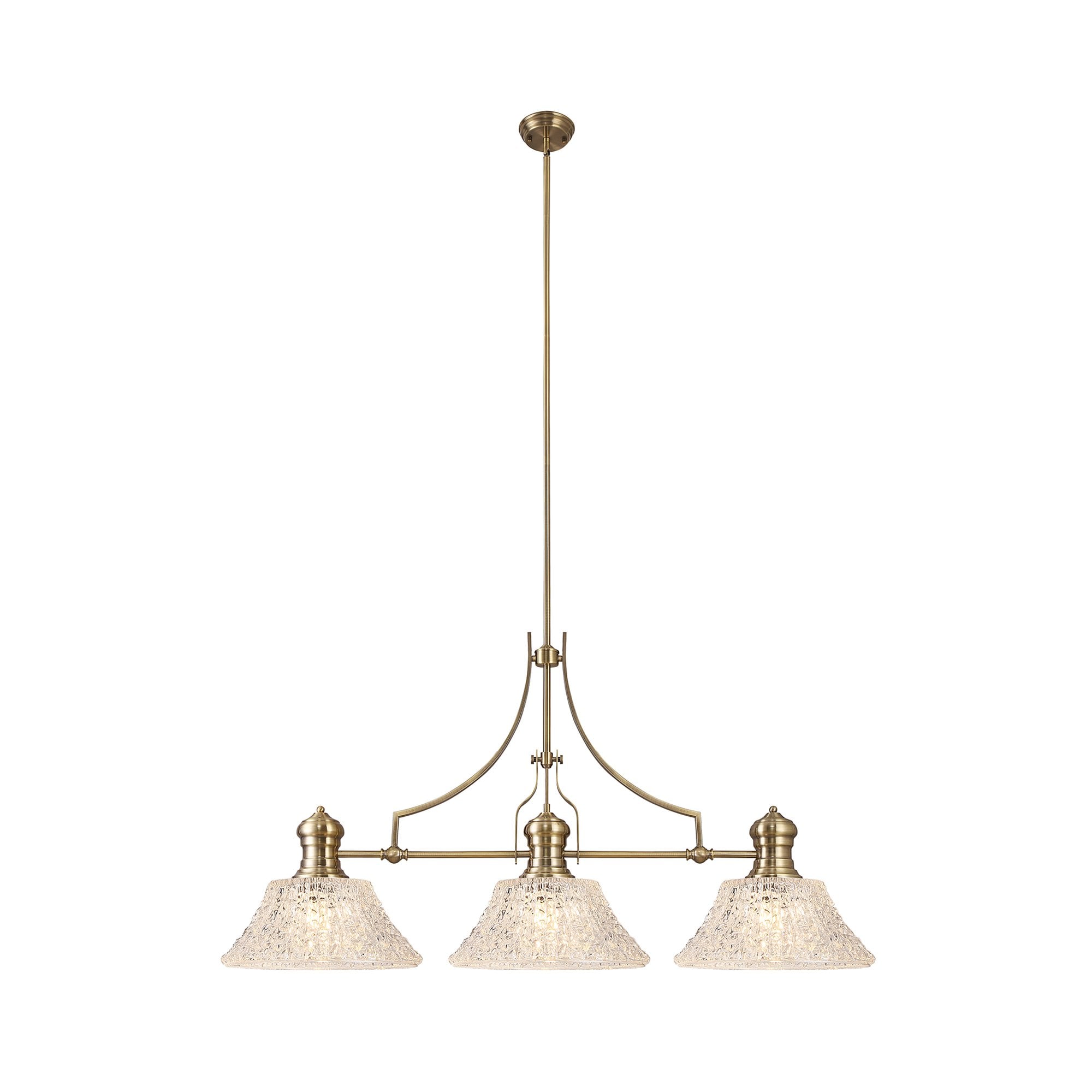 NLK04749 Louis Linear Pendant With 38cm Patterned Round Shade Antique Brass/Clear Glass