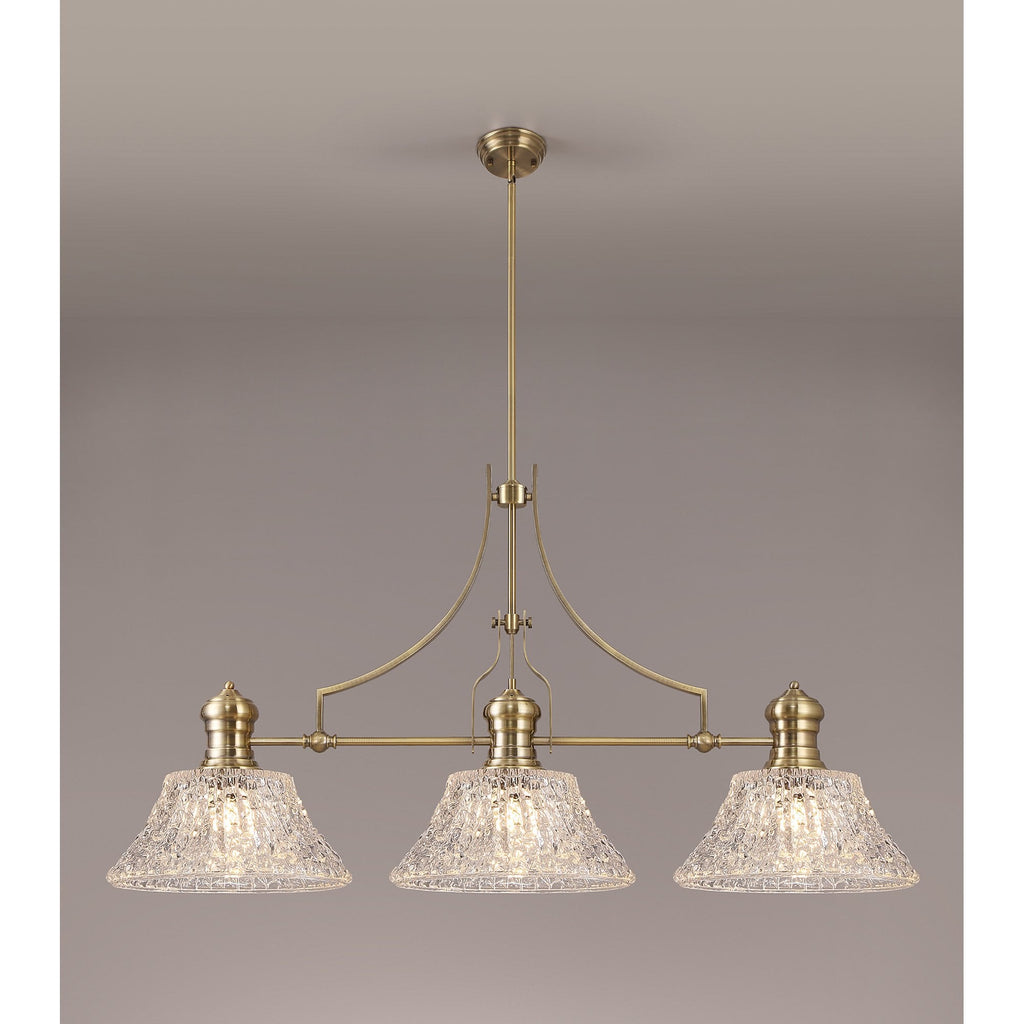 NLK04749 Louis Linear Pendant With 38cm Patterned Round Shade Antique Brass/Clear Glass