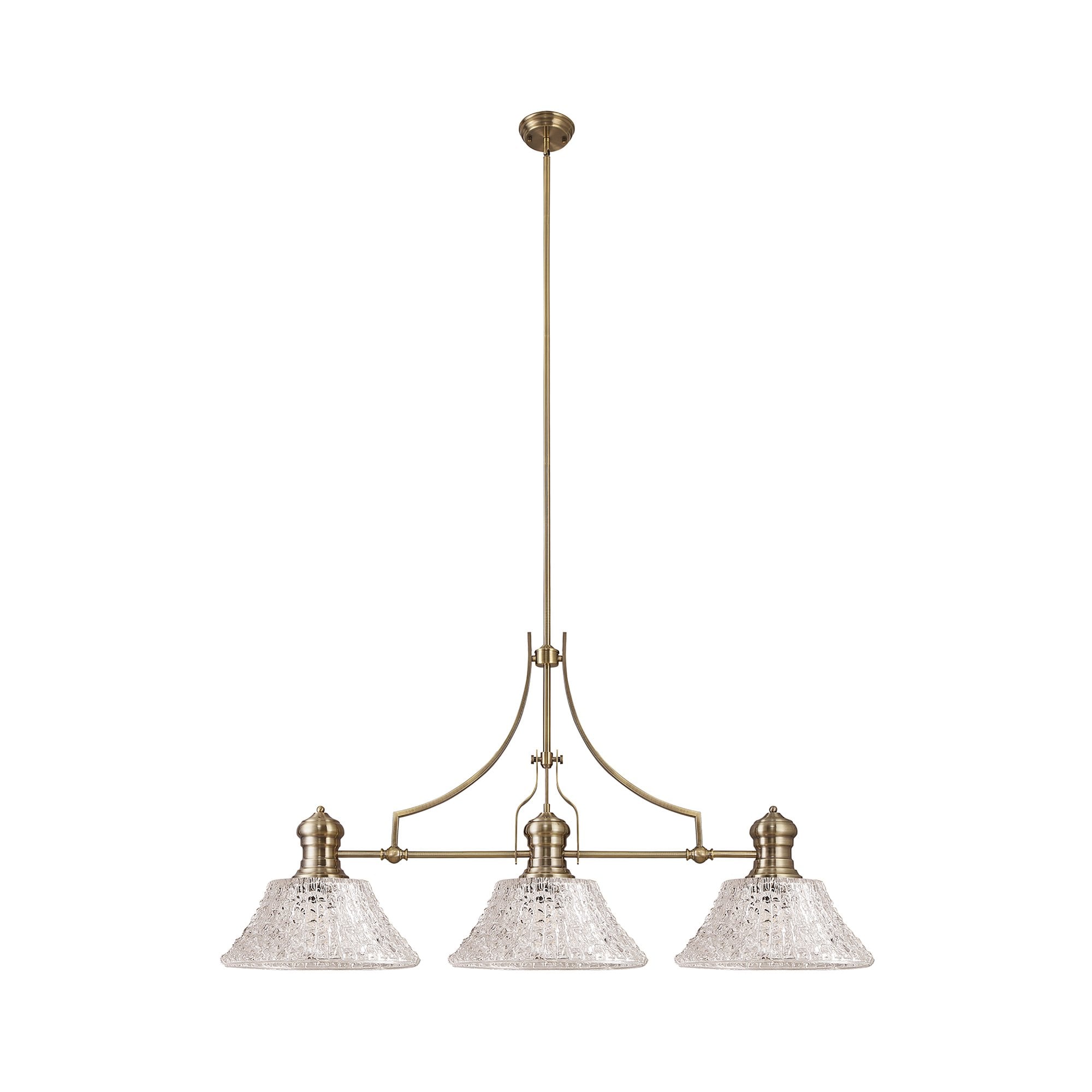 NLK04749 Louis Linear Pendant With 38cm Patterned Round Shade Antique Brass/Clear Glass