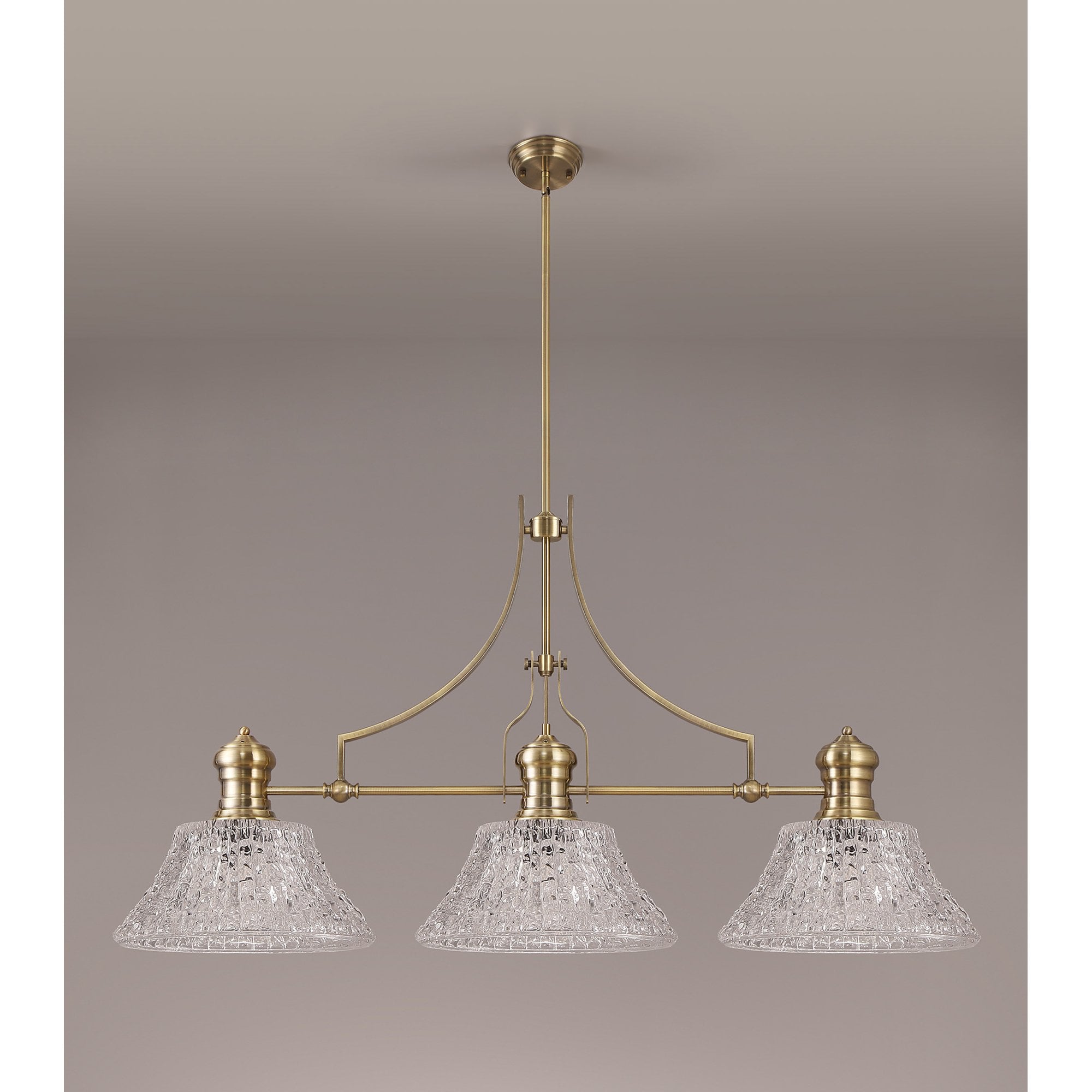 NLK04749 Louis Linear Pendant With 38cm Patterned Round Shade Antique Brass/Clear Glass