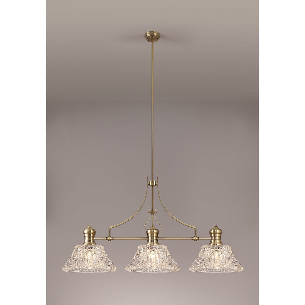 NLK04749 Louis Linear Pendant With 38cm Patterned Round Shade Antique Brass/Clear Glass