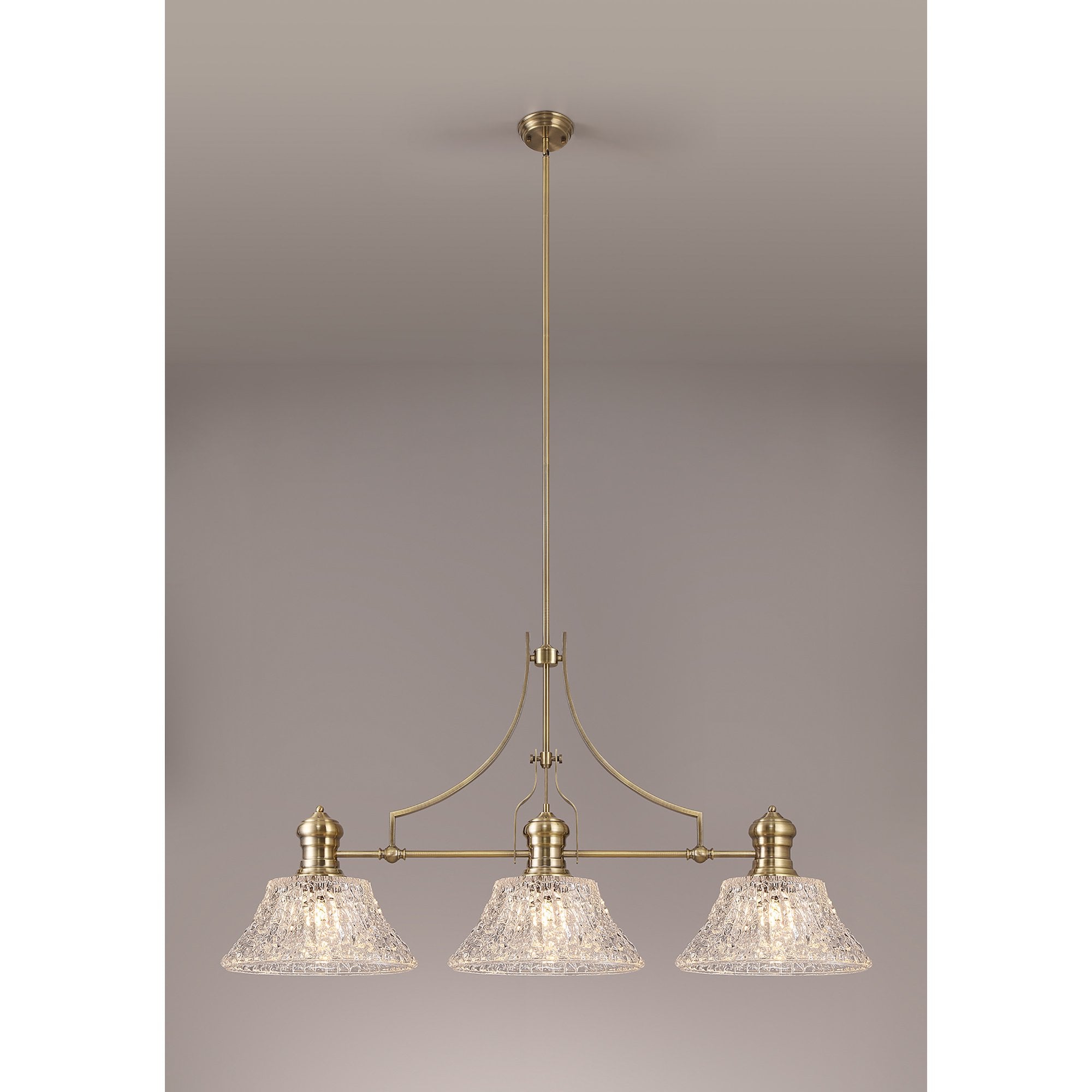 NLK04749 Louis Linear Pendant With 38cm Patterned Round Shade Antique Brass/Clear Glass