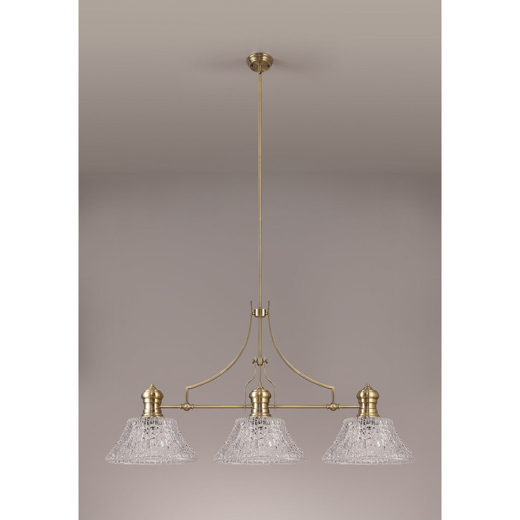 NLK04749 Louis Linear Pendant With 38cm Patterned Round Shade Antique Brass/Clear Glass