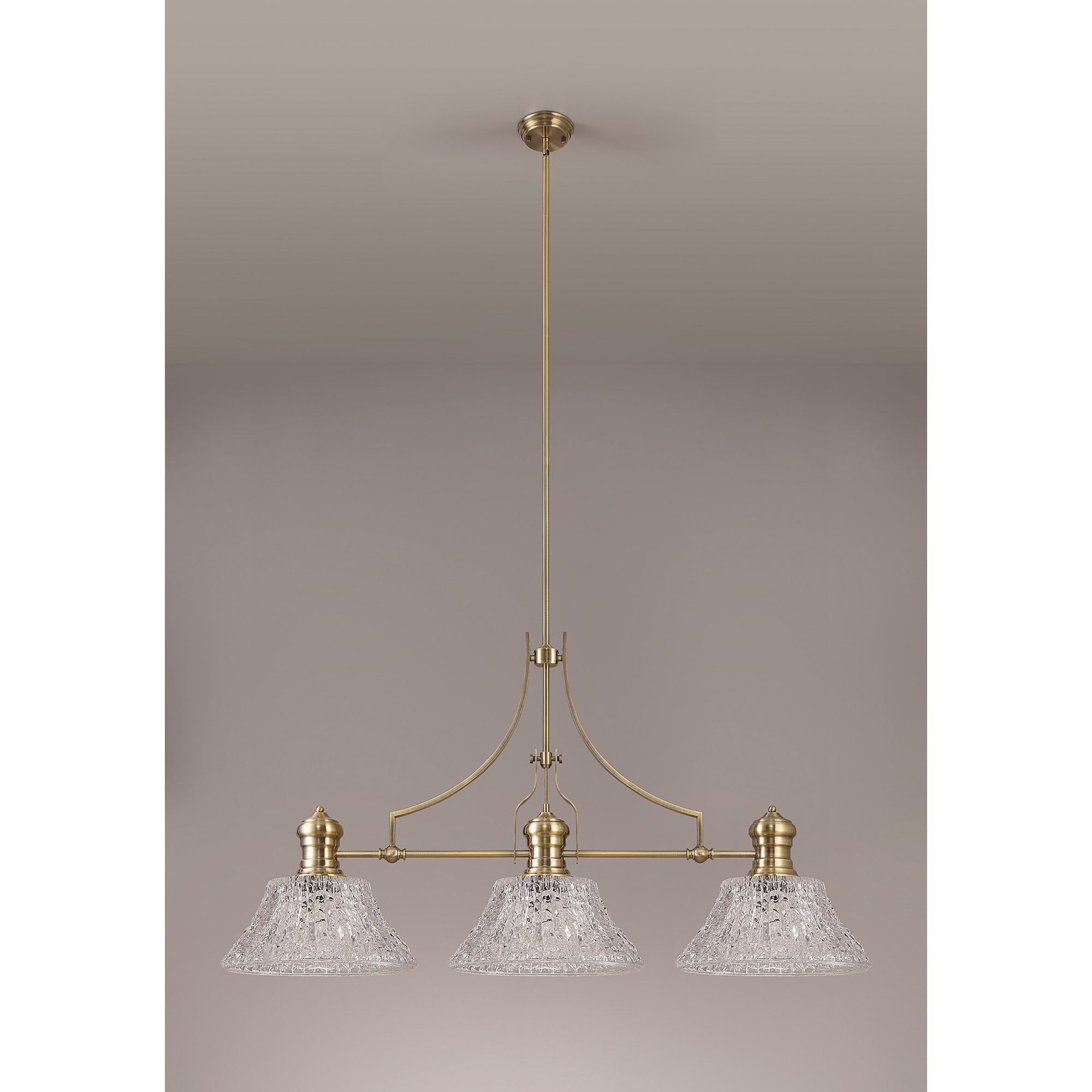 NLK04749 Louis Linear Pendant With 38cm Patterned Round Shade Antique Brass/Clear Glass