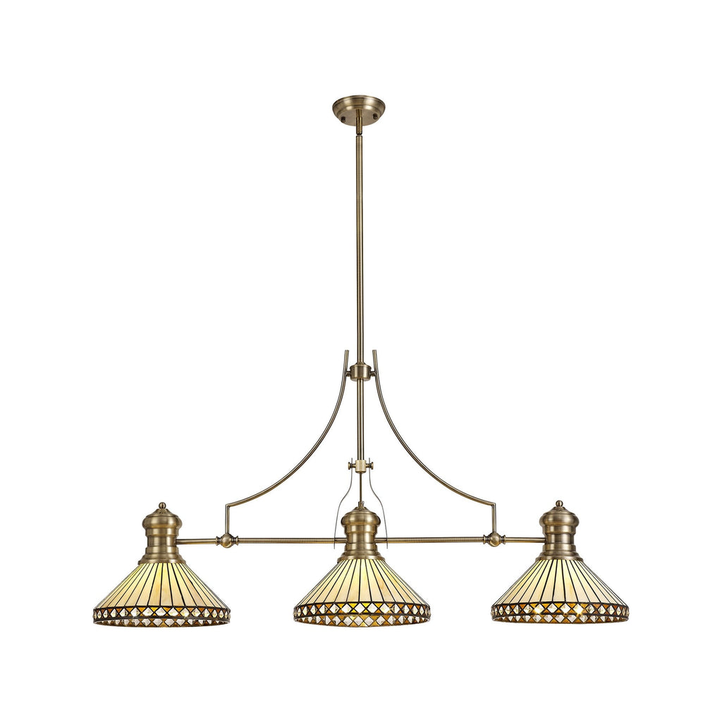 NLK04759 Louis/Tink 3 Light Telescopic Pendant With 30cm Tiffany Shade Antique Brass/Amber/CRome/Crystal