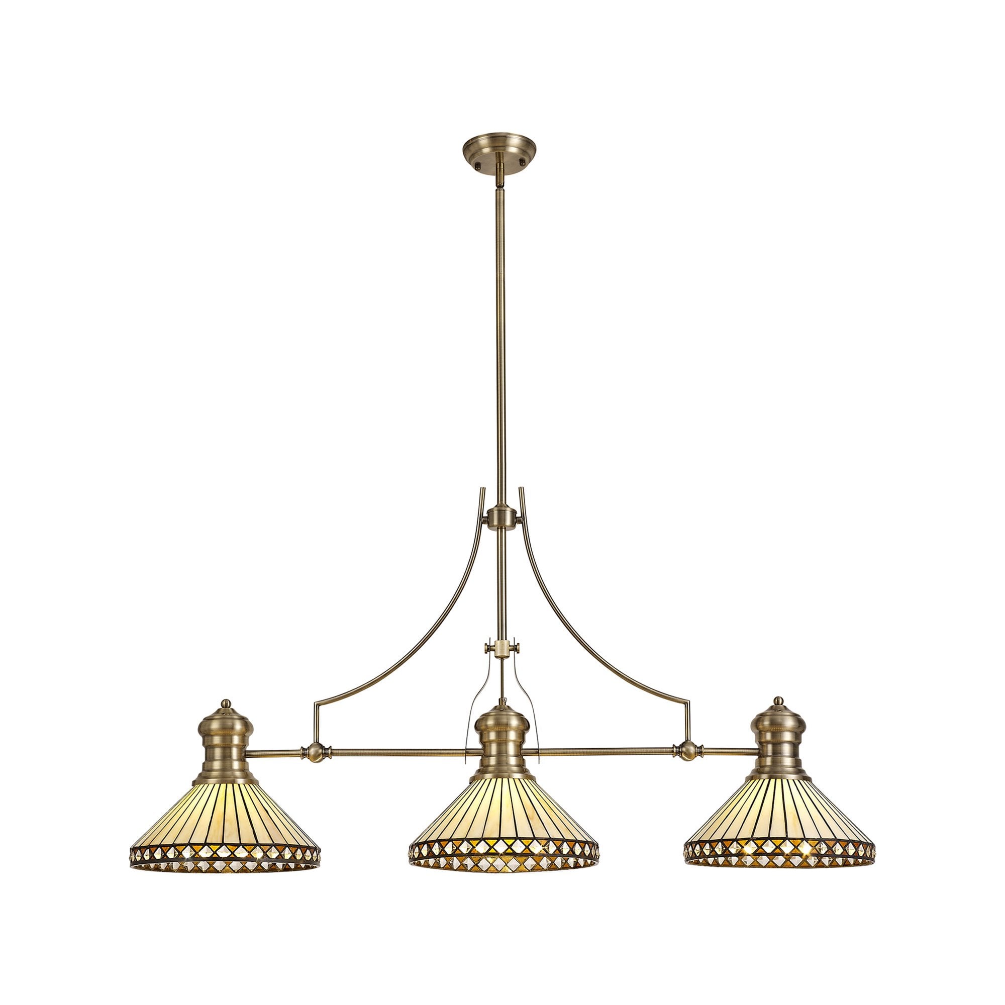 NLK04759 Louis/Tink 3 Light Telescopic Pendant With 30cm Tiffany Shade Antique Brass/Amber/CRome/Crystal
