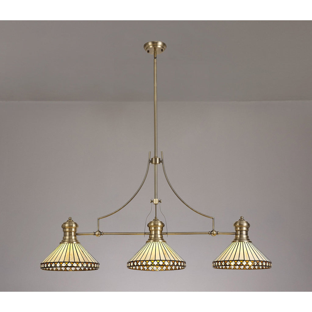 NLK04759 Louis/Tink 3 Light Telescopic Pendant With 30cm Tiffany Shade Antique Brass/Amber/CRome/Crystal