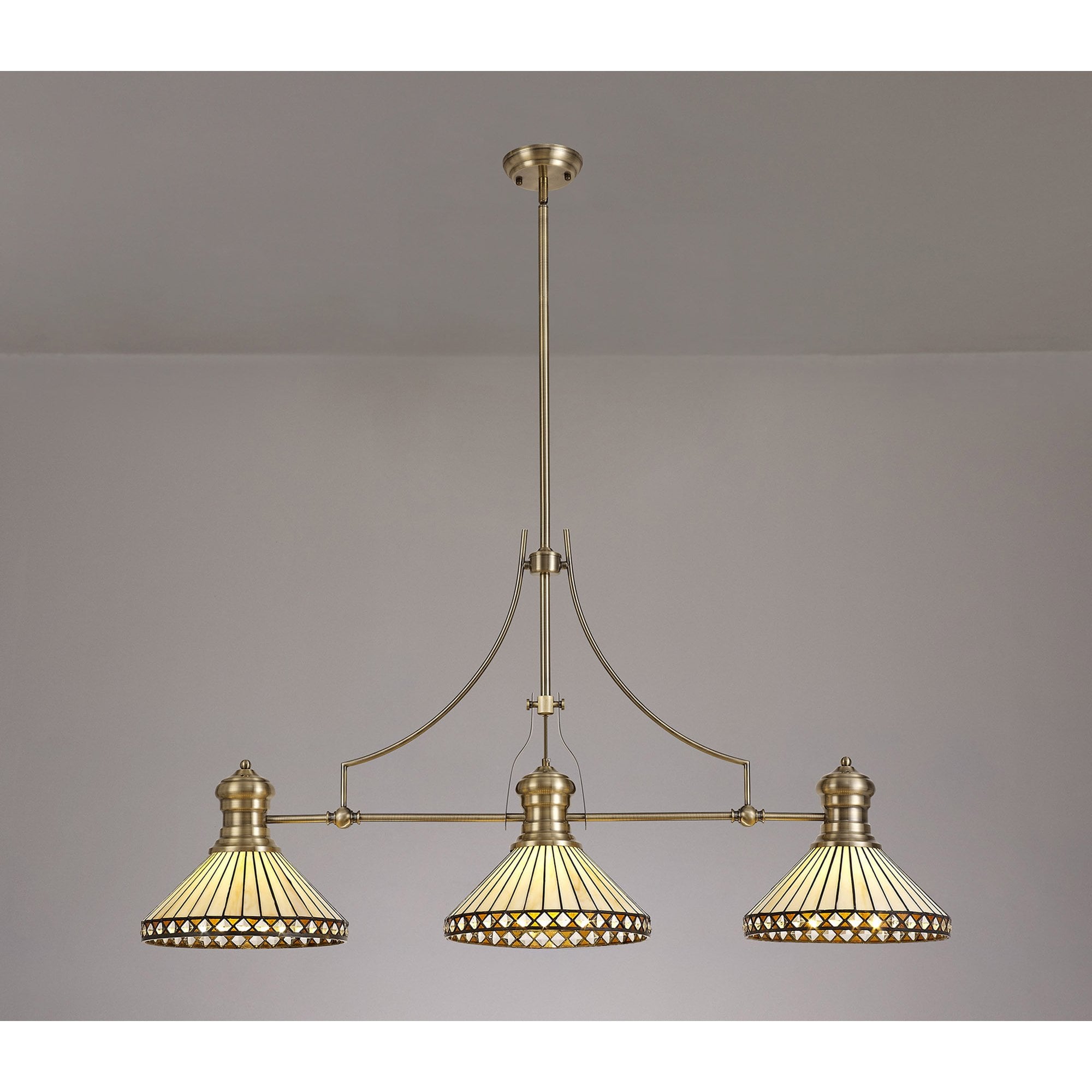 NLK04759 Louis/Tink 3 Light Telescopic Pendant With 30cm Tiffany Shade Antique Brass/Amber/CRome/Crystal