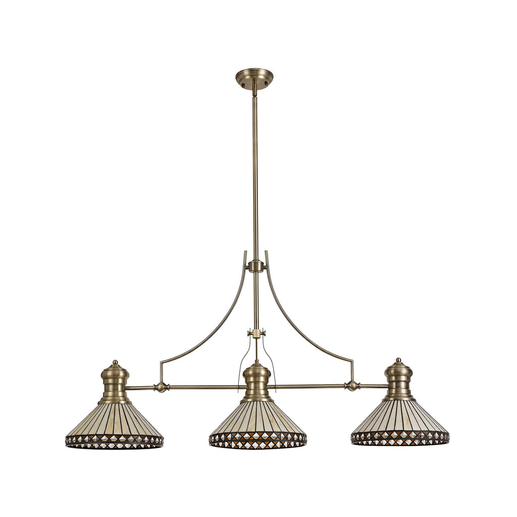 NLK04759 Louis/Tink 3 Light Telescopic Pendant With 30cm Tiffany Shade Antique Brass/Amber/CRome/Crystal