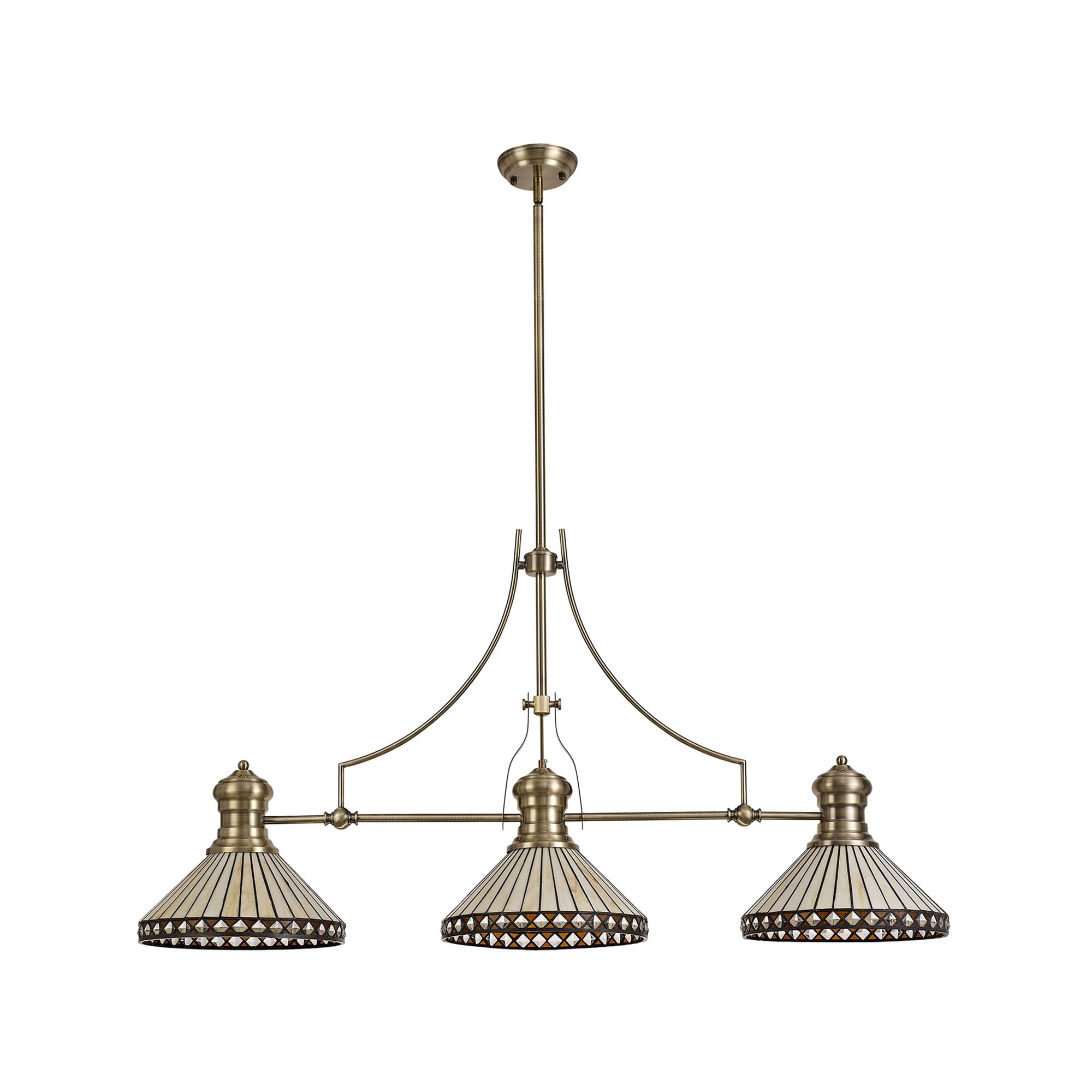 NLK04759 Louis/Tink 3 Light Telescopic Pendant With 30cm Tiffany Shade Antique Brass/Amber/CRome/Crystal