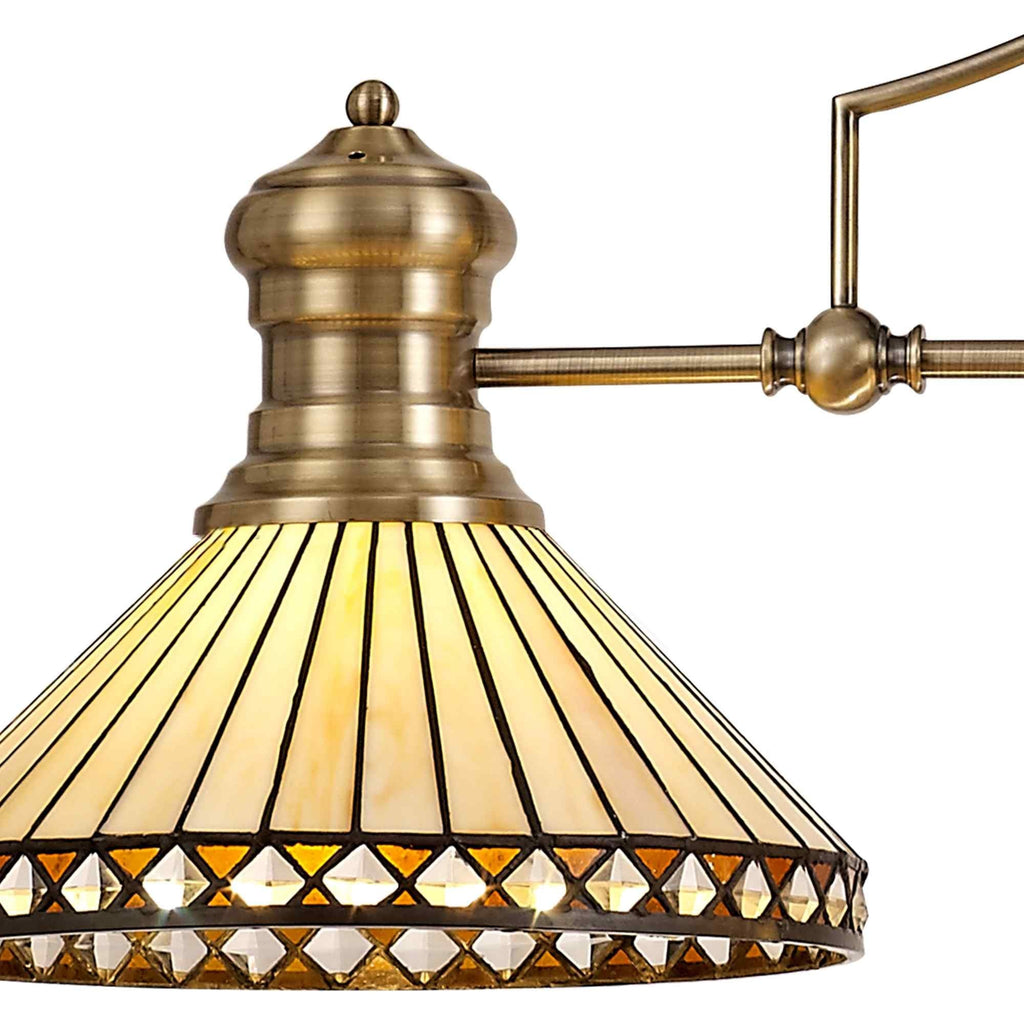 NLK04759 Louis/Tink 3 Light Telescopic Pendant With 30cm Tiffany Shade Antique Brass/Amber/CRome/Crystal