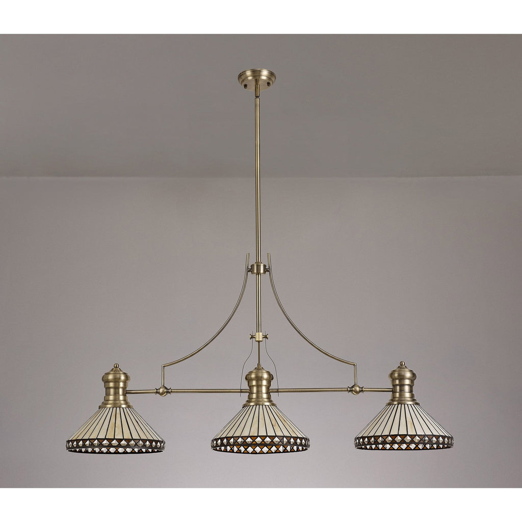 NLK04759 Louis/Tink 3 Light Telescopic Pendant With 30cm Tiffany Shade Antique Brass/Amber/CRome/Crystal