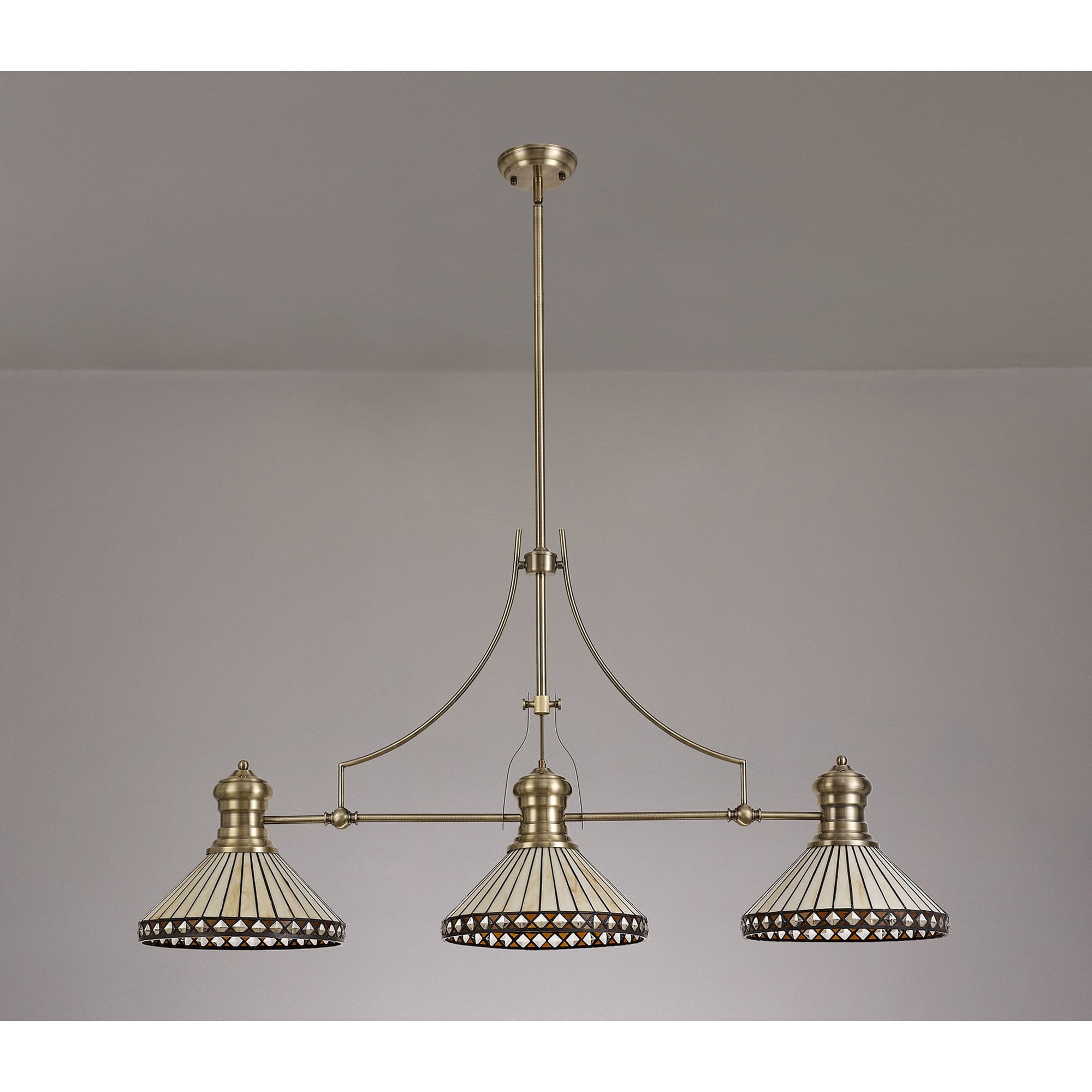 NLK04759 Louis/Tink 3 Light Telescopic Pendant With 30cm Tiffany Shade Antique Brass/Amber/CRome/Crystal
