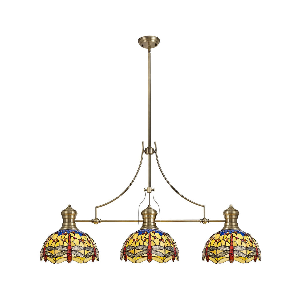 NLK04769 Louis/Heidi 3 Light Telescopic Pendant With 30cm Tiffany Shade Antique Brass/Blue/Orange/Crystal