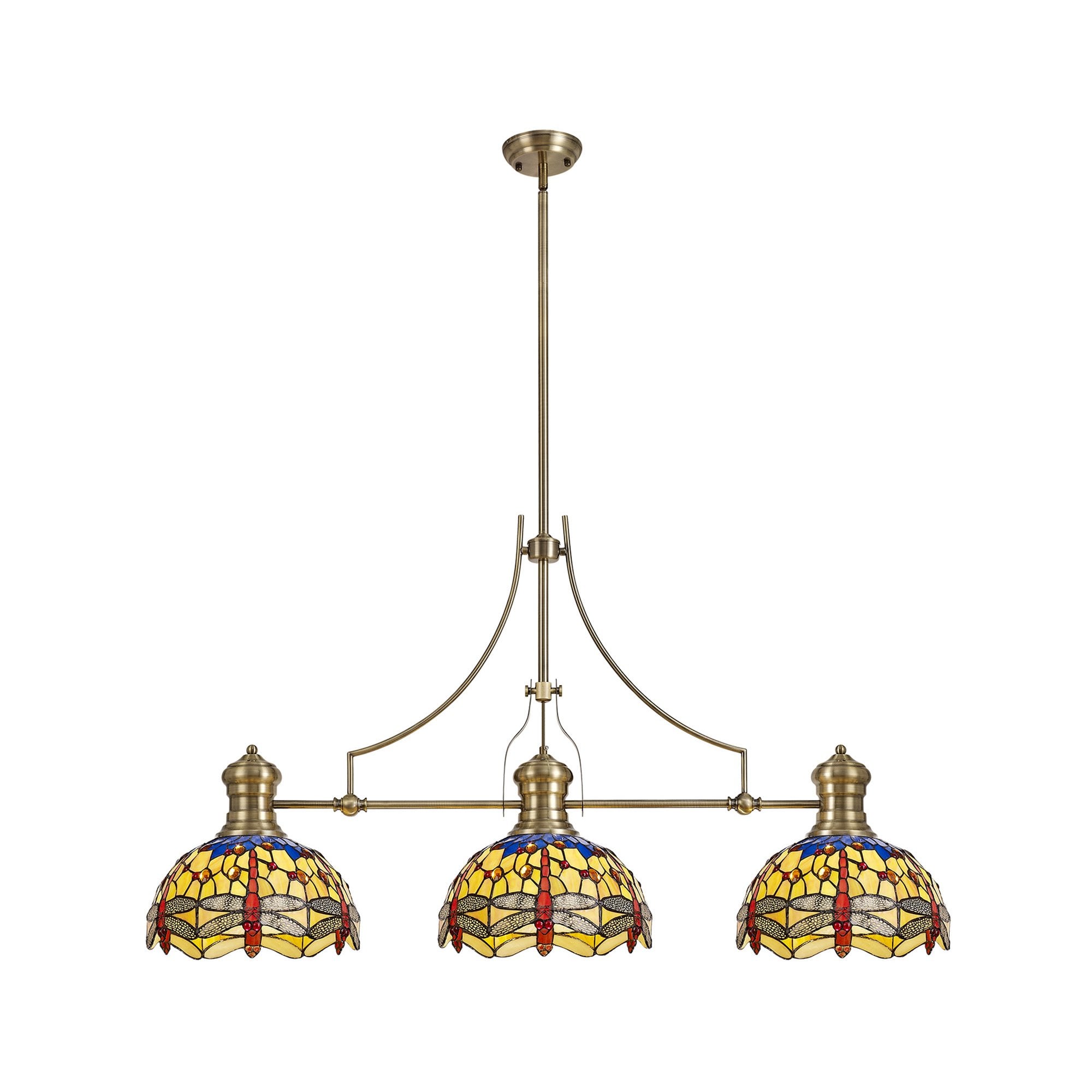 NLK04769 Louis/Heidi 3 Light Telescopic Pendant With 30cm Tiffany Shade Antique Brass/Blue/Orange/Crystal