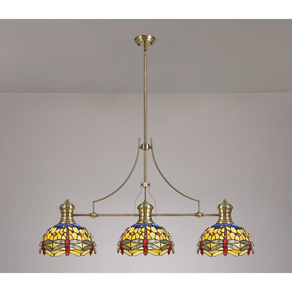 NLK04769 Louis/Heidi 3 Light Telescopic Pendant With 30cm Tiffany Shade Antique Brass/Blue/Orange/Crystal