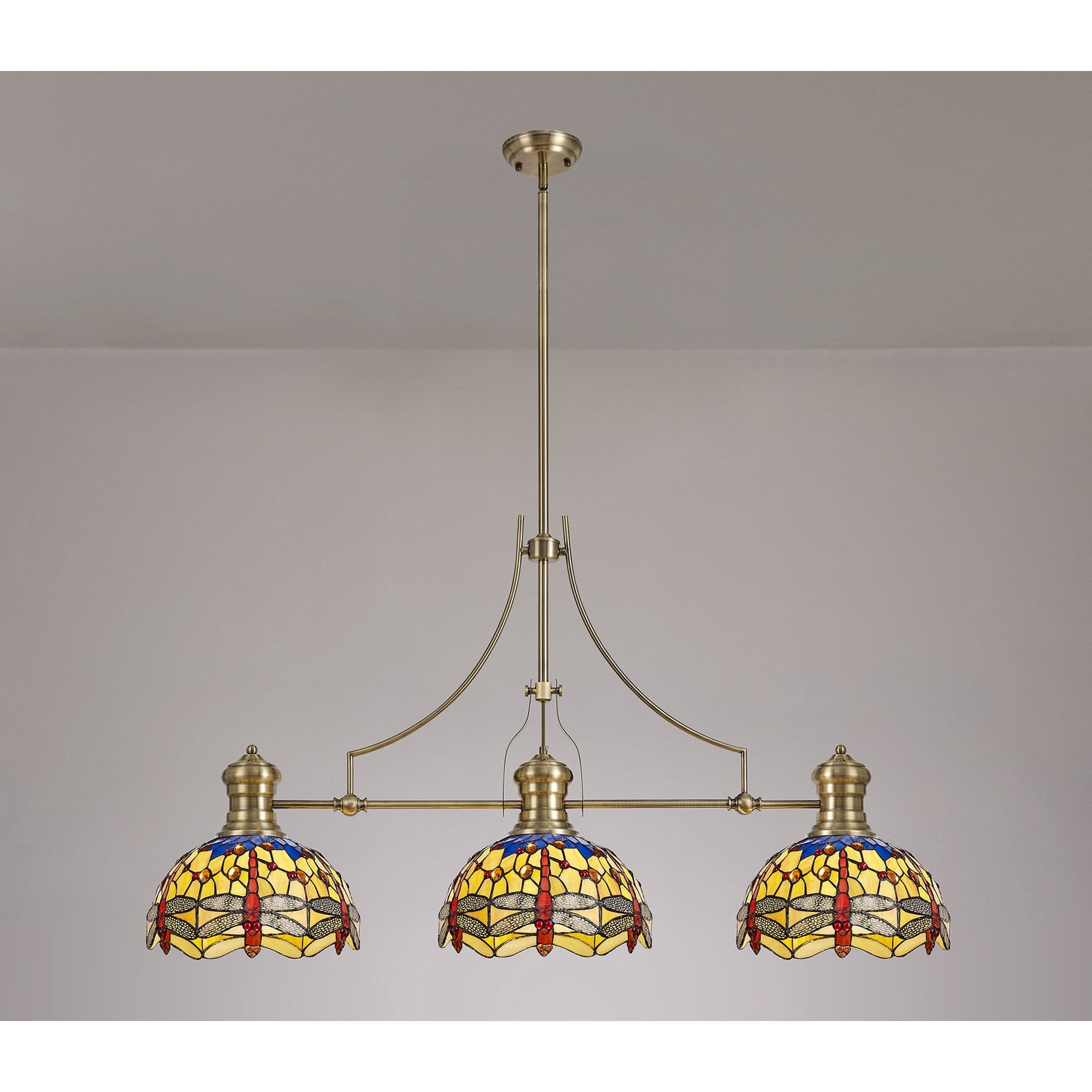 NLK04769 Louis/Heidi 3 Light Telescopic Pendant With 30cm Tiffany Shade Antique Brass/Blue/Orange/Crystal