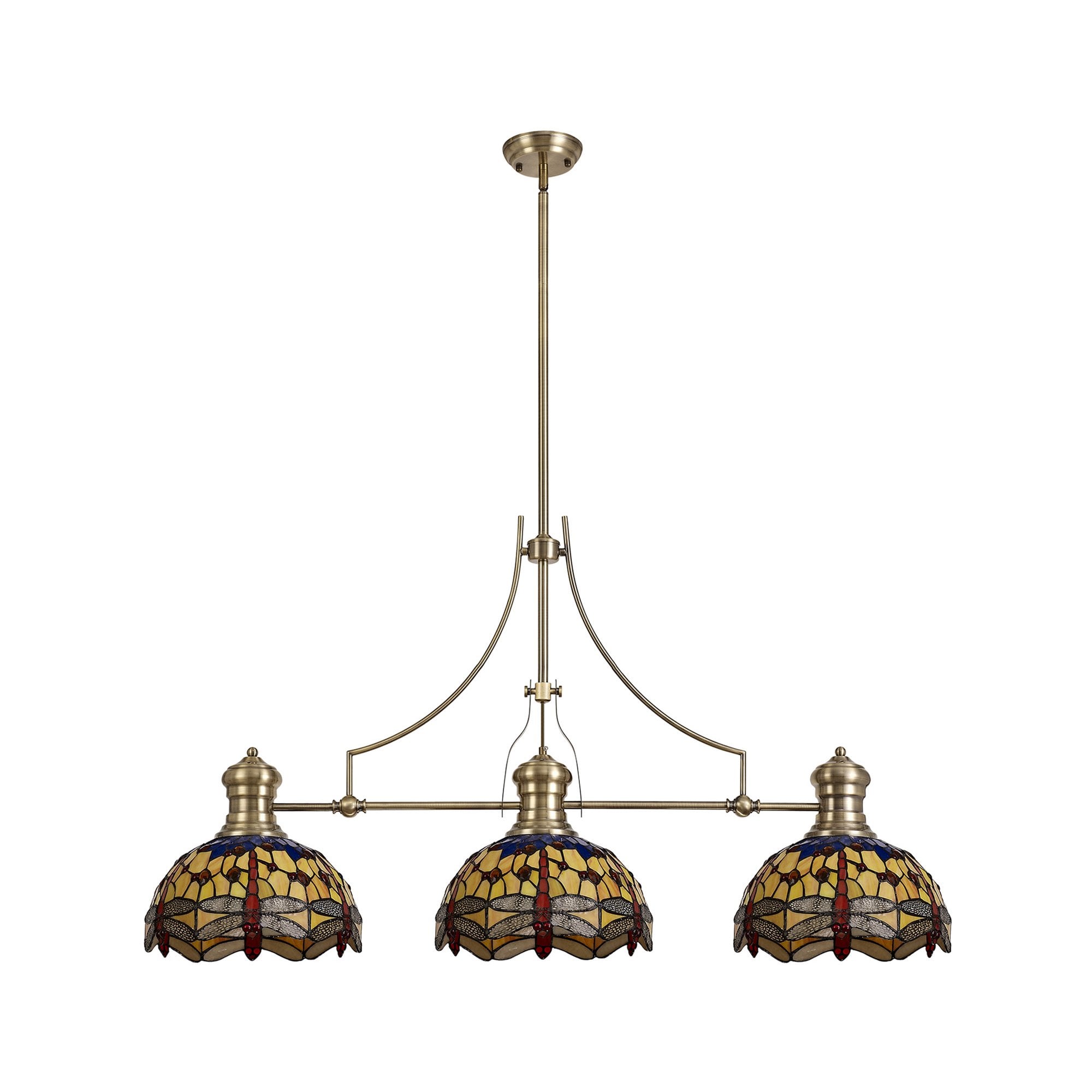 NLK04769 Louis/Heidi 3 Light Telescopic Pendant With 30cm Tiffany Shade Antique Brass/Blue/Orange/Crystal