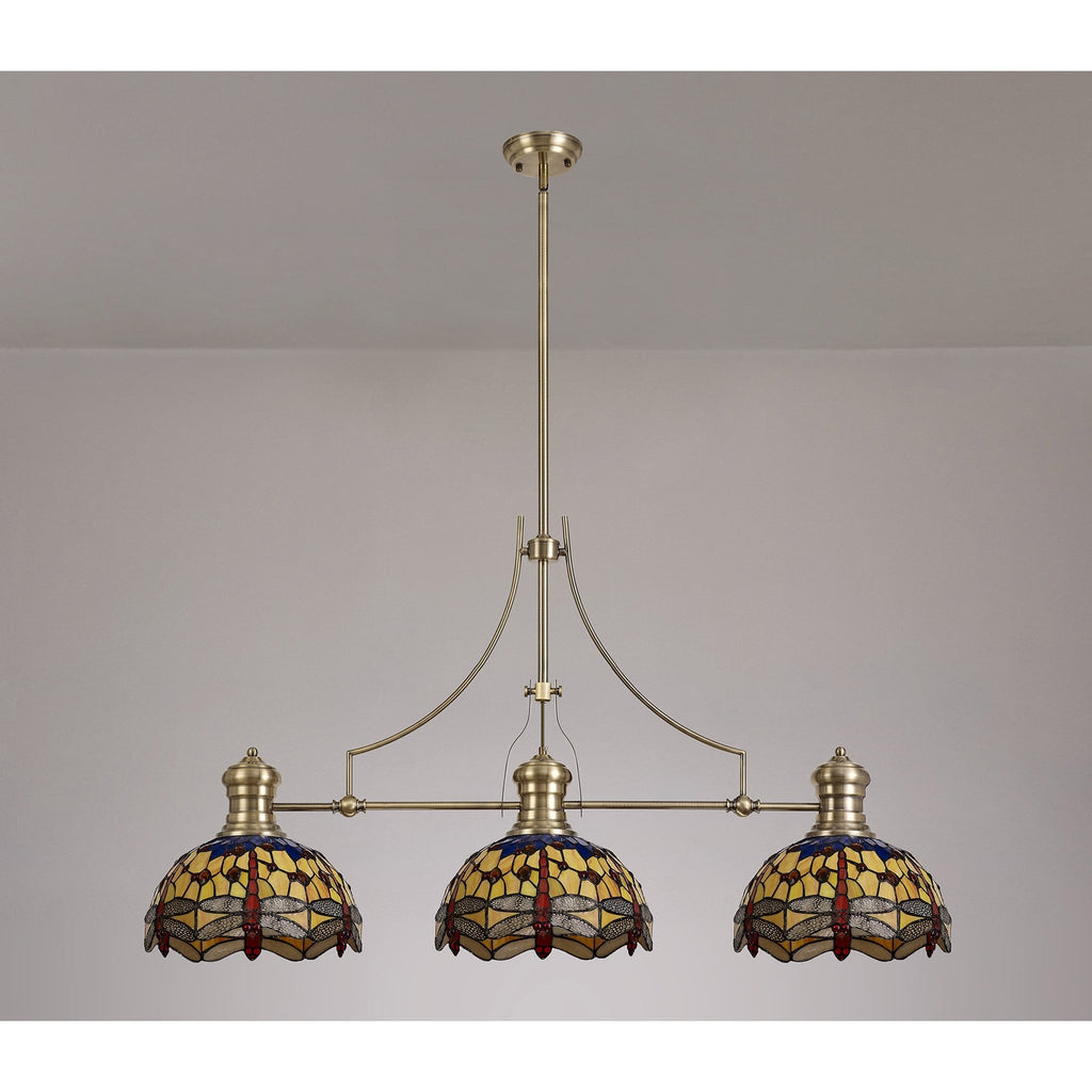NLK04769 Louis/Heidi 3 Light Telescopic Pendant With 30cm Tiffany Shade Antique Brass/Blue/Orange/Crystal