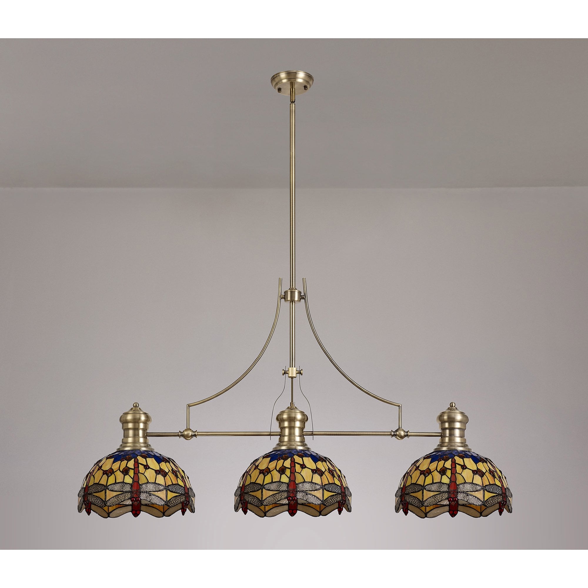 NLK04769 Louis/Heidi 3 Light Telescopic Pendant With 30cm Tiffany Shade Antique Brass/Blue/Orange/Crystal