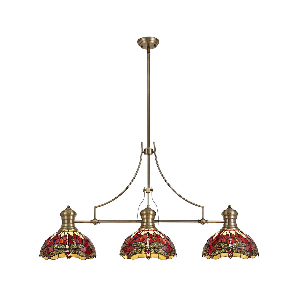 NLK04779 Louis/Heidi 3 Light Telescopic Pendant With 30cm Tiffany Shade Antique Brass/Purple/Pink/Crystal